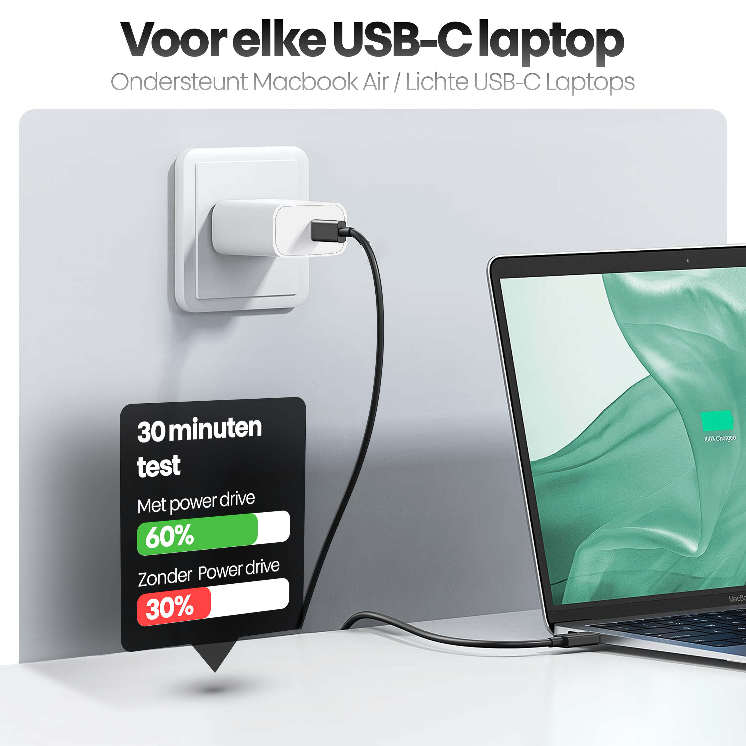 Een laptop wordt opgeladen. Een oplaadblok is aangesloten op de muur en de laptop.