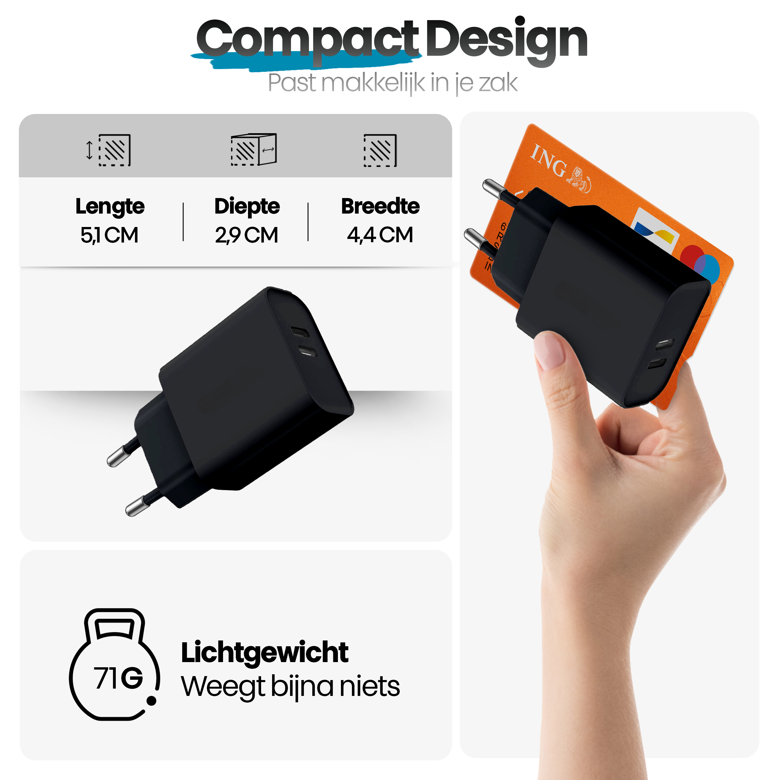 Een hand houdt een zwarte oplader vast naast een oranje ING creditcard. De oplader is compact en licht.