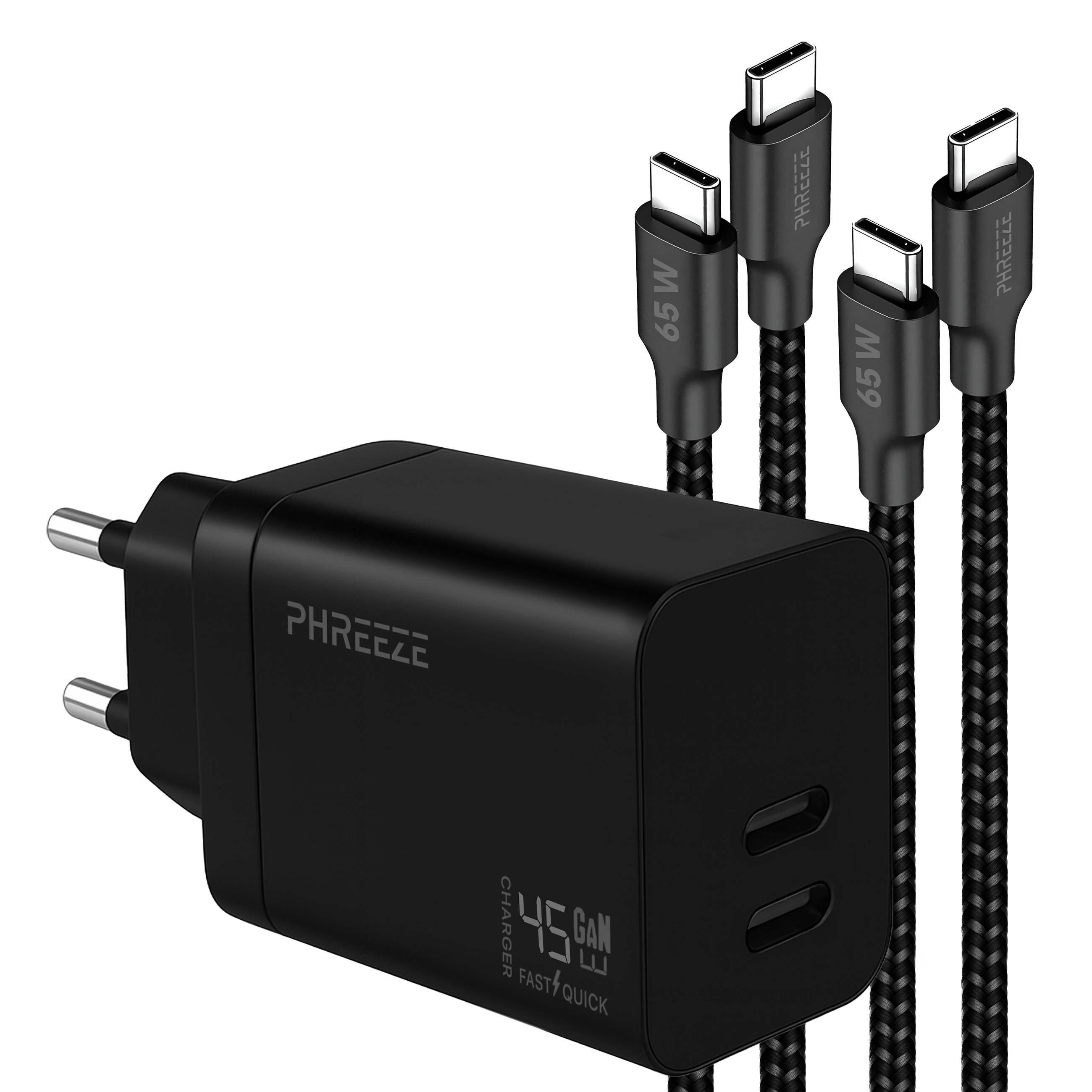 A black charger with four USB-C cables. The charger has a digital display and the cables are braided.