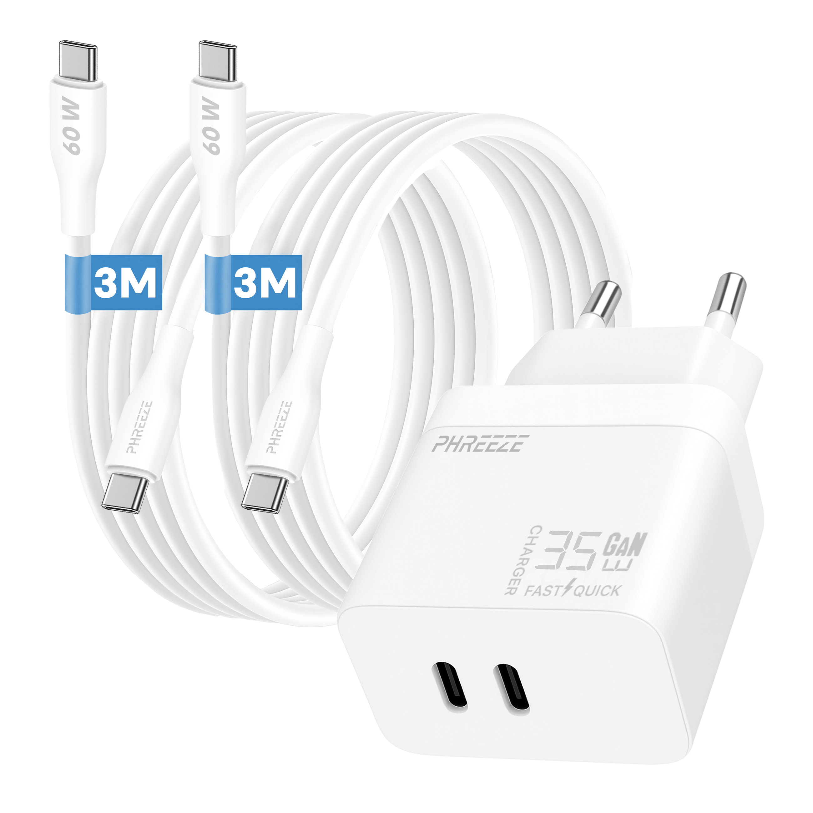 White charger and cables. Cables have '60W' and '3M' labels. Charger has two ports and '35W' marking.