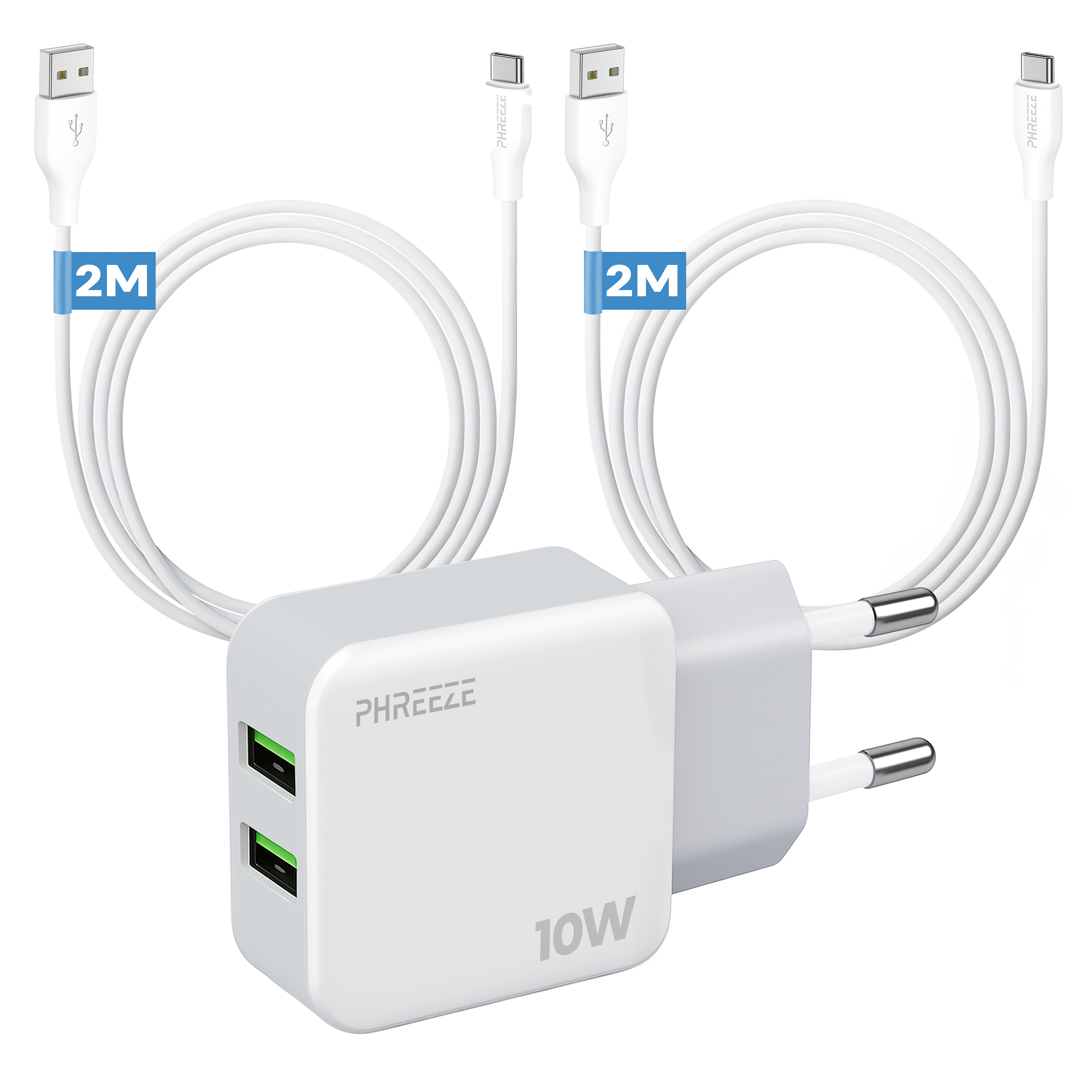 Witte oplader met twee USB-poorten, twee witte kabels en een stekker. De oplader is gemarkeerd met 'PHREZE' en '10W'.