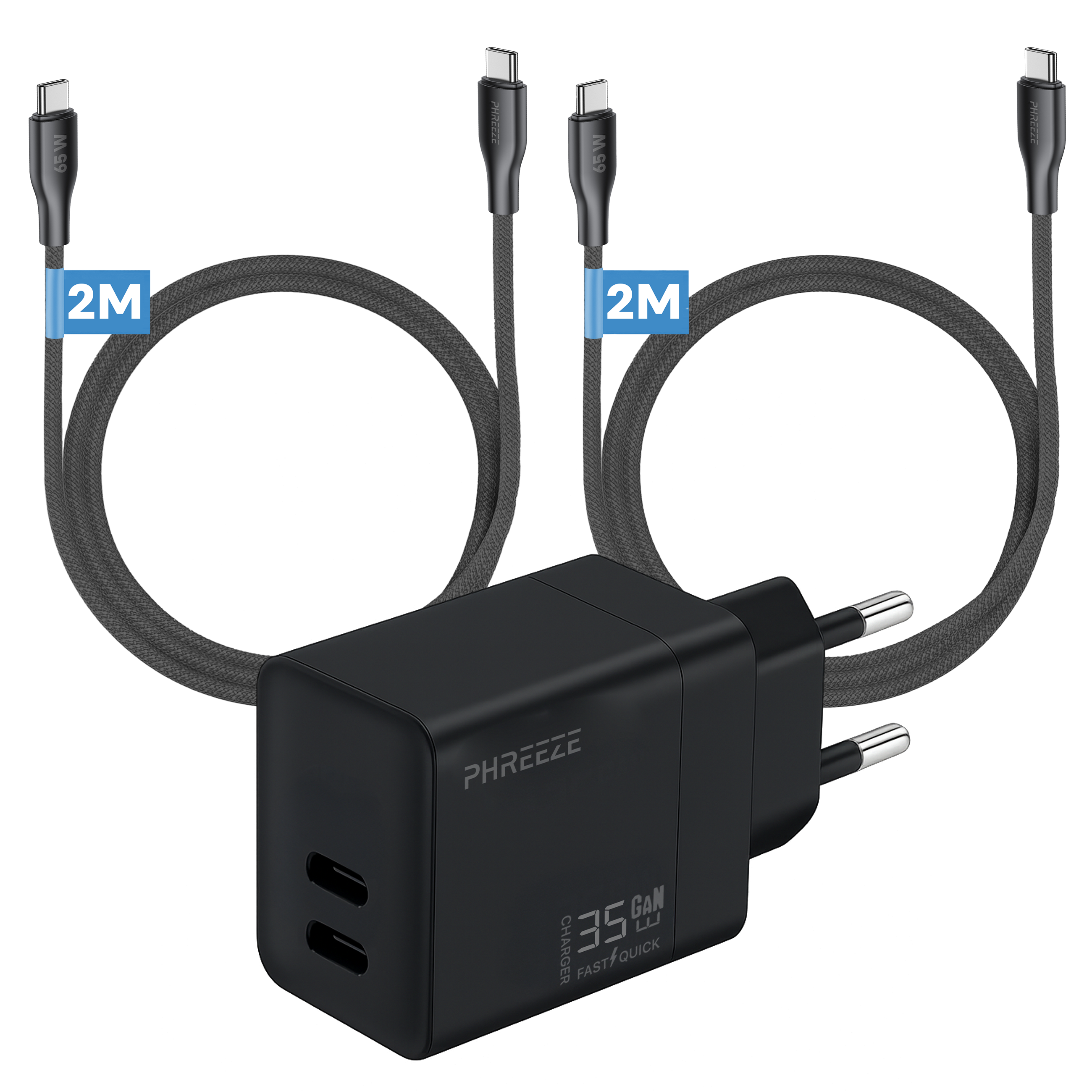 Black charger with three USB-C cables, 2M long. Charger has two ports and display. Brand name is PHREEZE.
