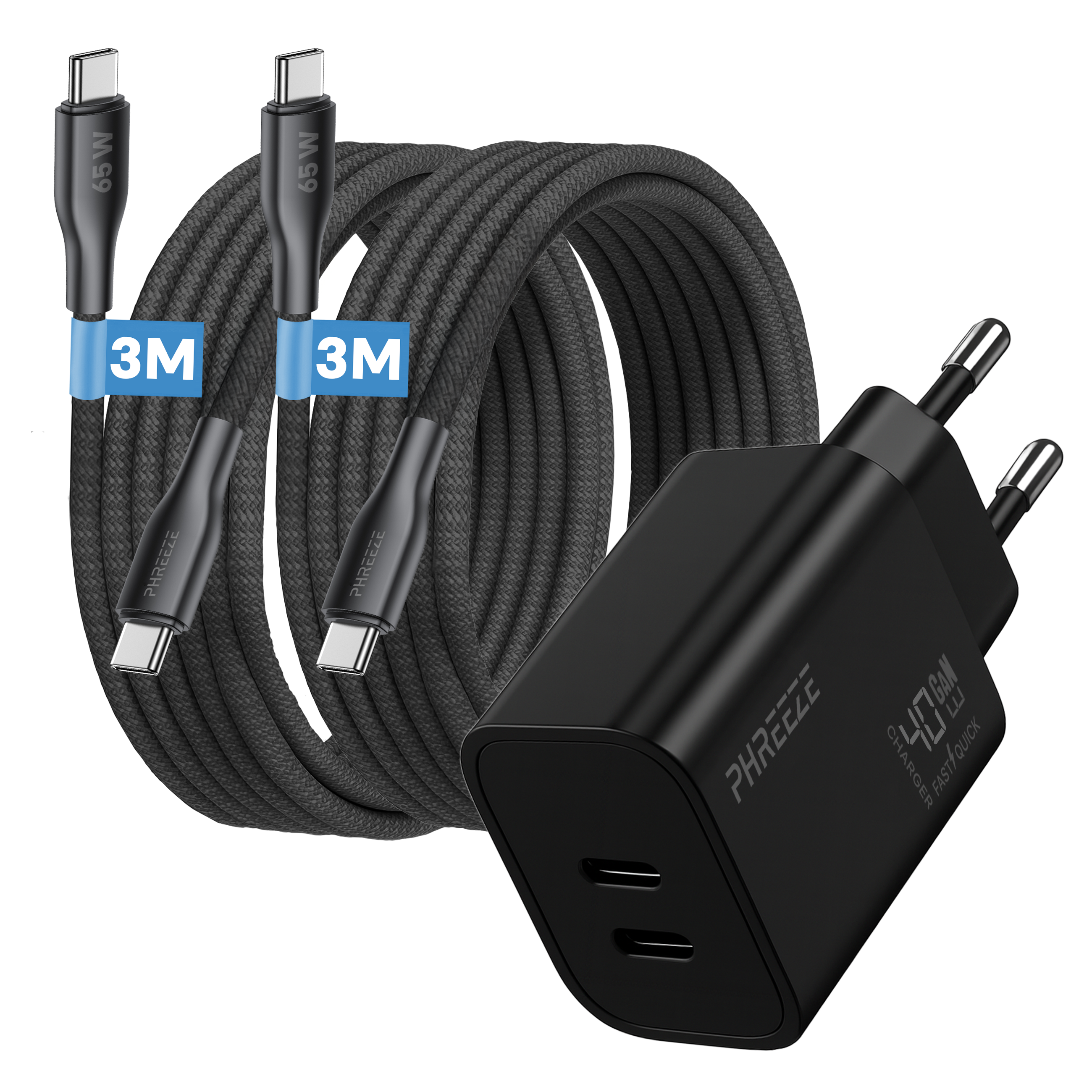 A black charger with two cables and a power adapter. The cables have 65W and 3M labels.