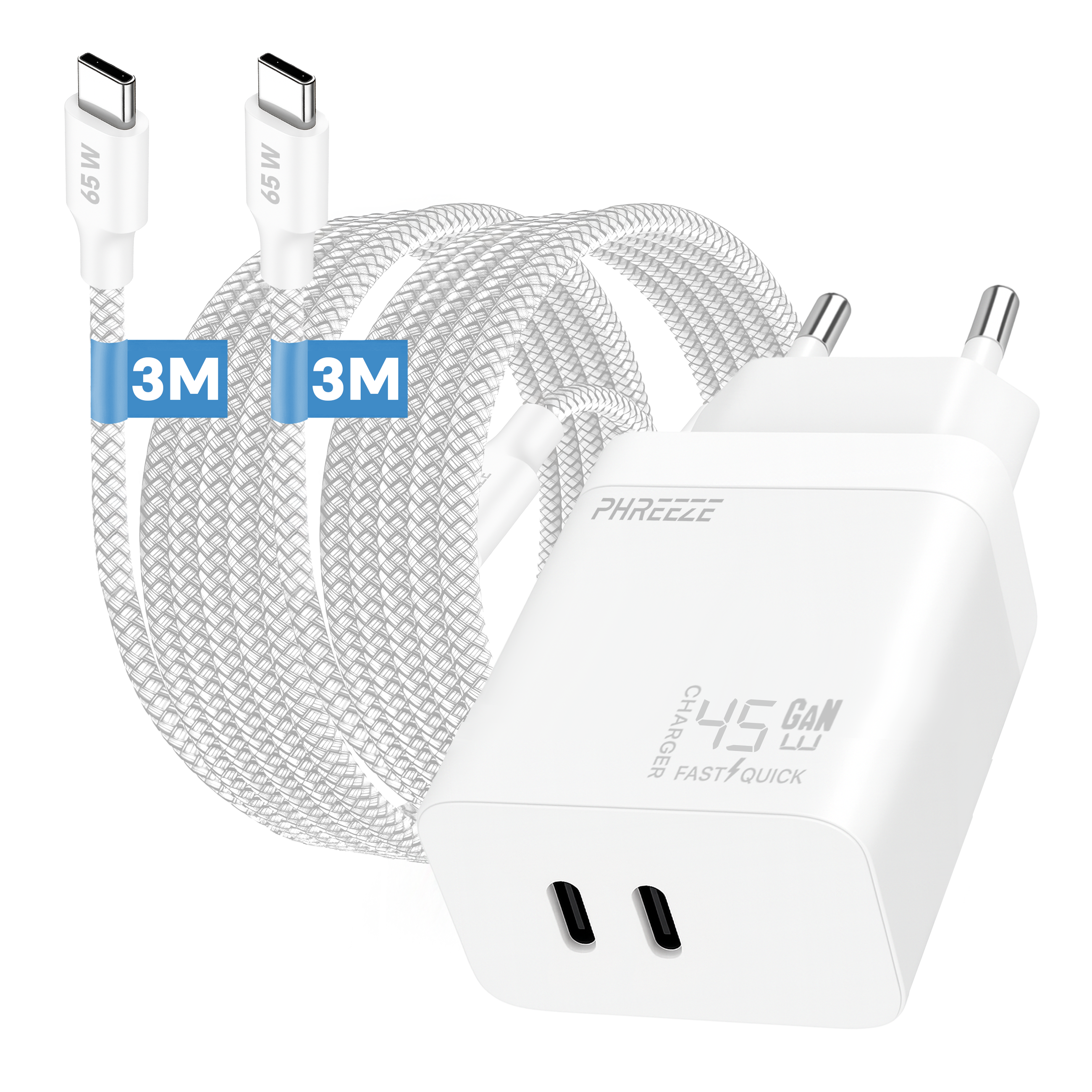 White charger with two USB-C cables, 3M, and a white power adapter. The charger says '45W GAN QUICK'.
