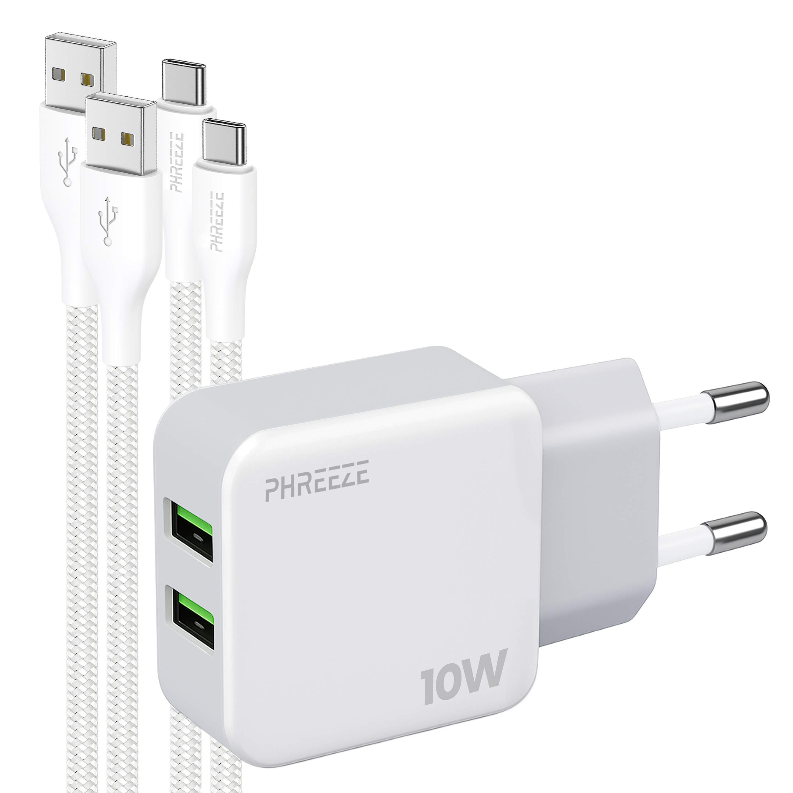 Witte oplader met USB- en USB-C-kabels. Het heeft twee groene USB-poorten en leest 10W. Het merk is PHREEZE.