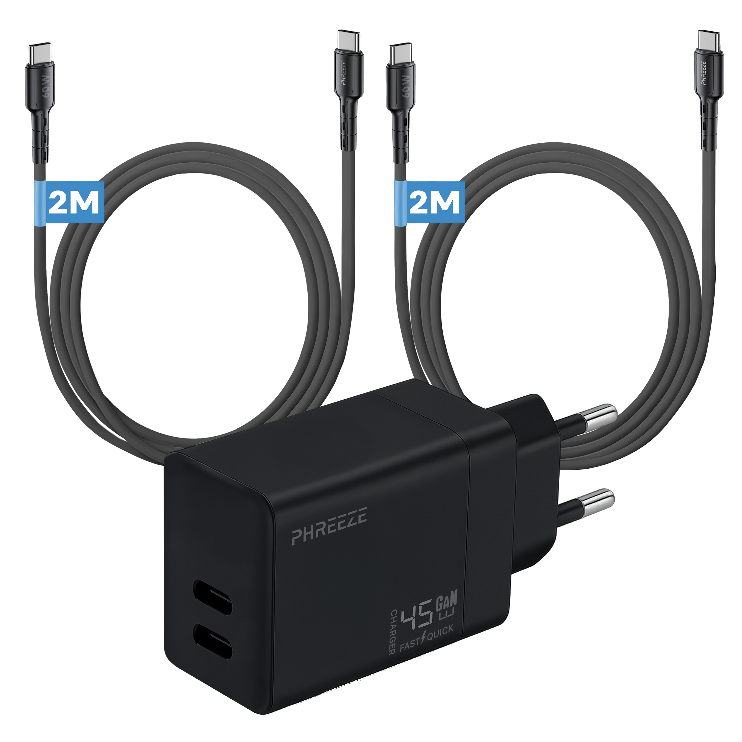 Black charger with two USB-C ports, two black cables, and a plug. Cables are labeled '2M'. Charger says '45W Fast Quick'.