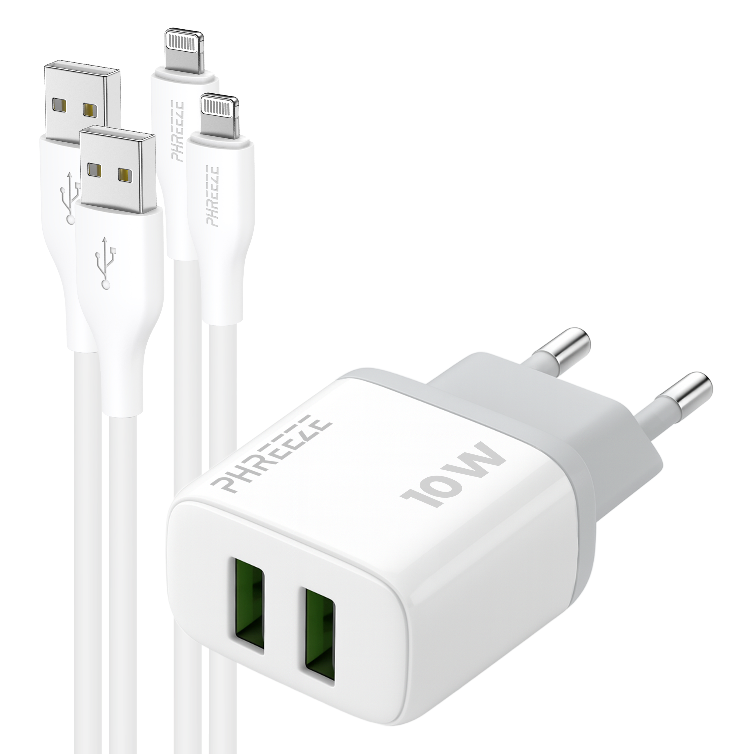 Een witte oplader met twee USB-kabels en een voedingsadapter. De adapter heeft twee groene sleuven. De kabels hebben het PHREEZEE-logo.
