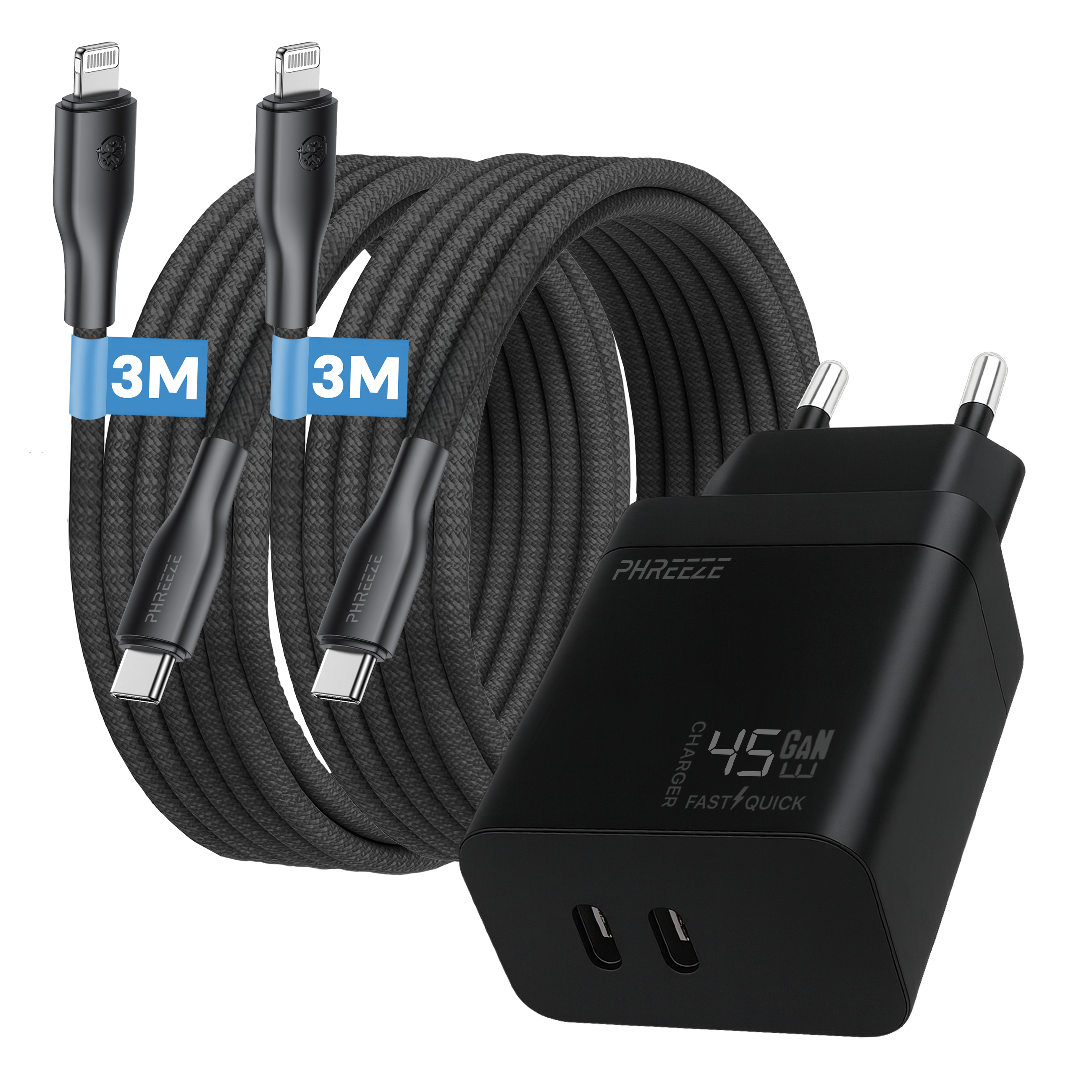 Zwarte oplader met twee USB-poorten, met kabels en twee 3M lightning-kabels.