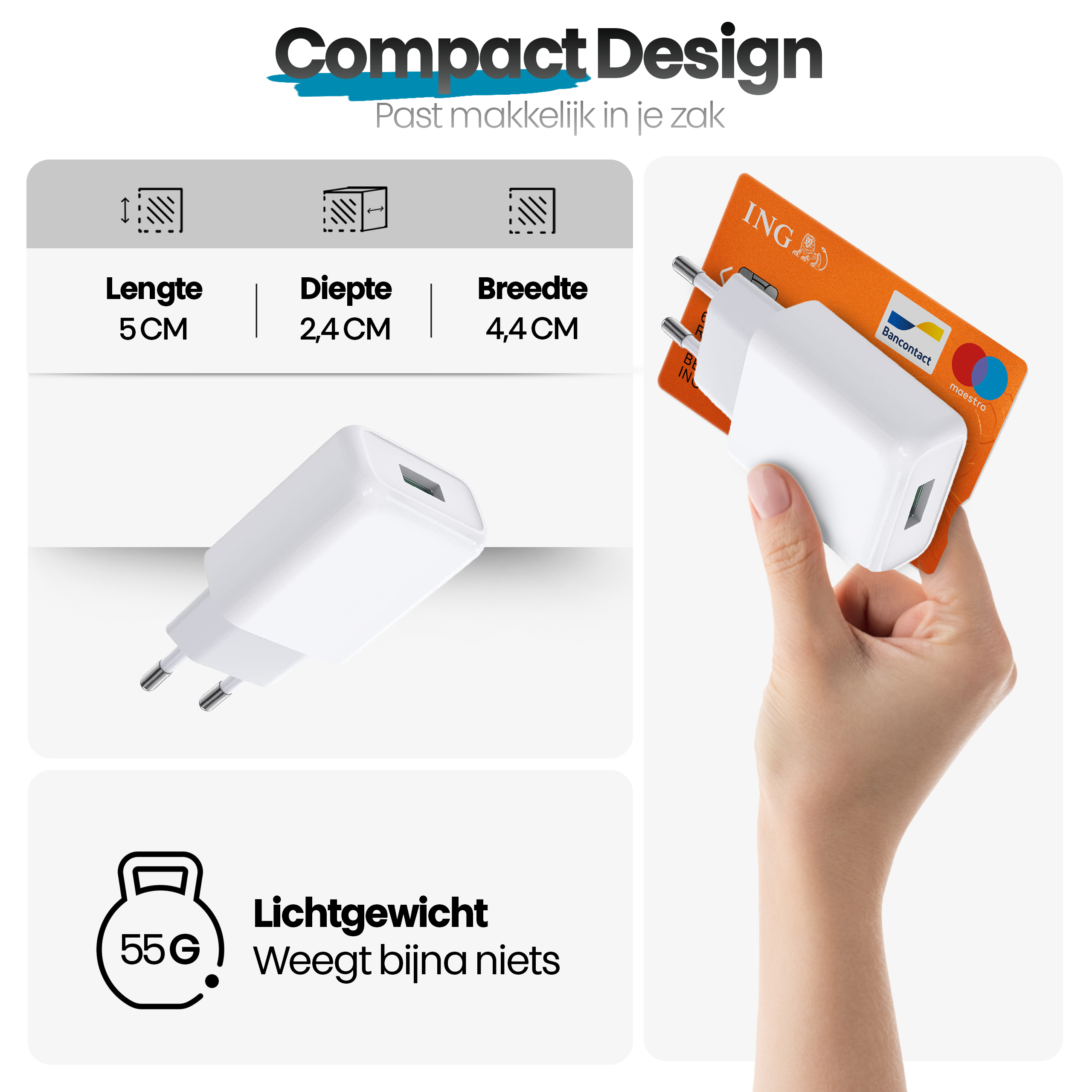 Een hand houdt een witte oplader vast naast een oranje ING-bankkaart. Afmetingen en gewicht worden links weergegeven.