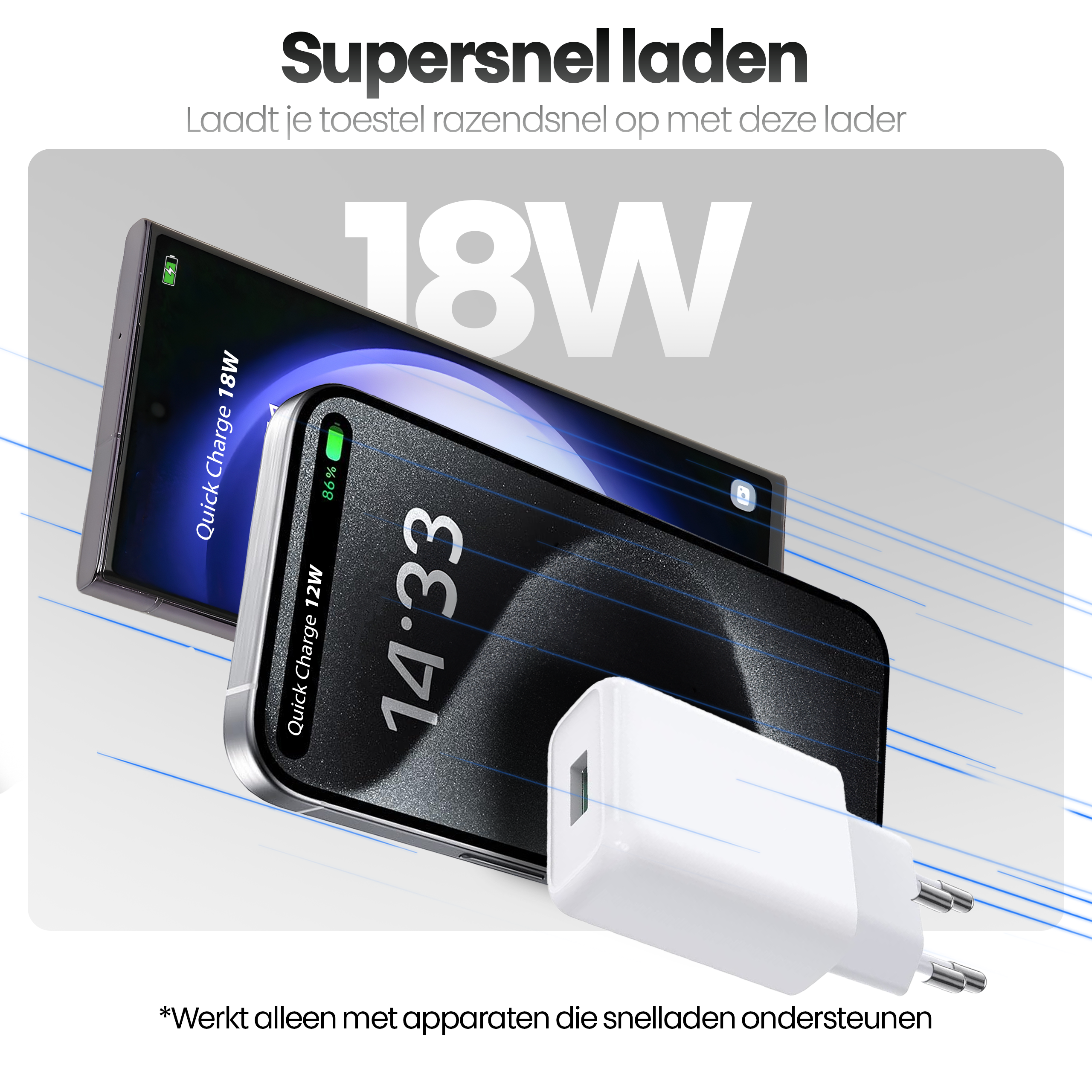 Afbeelding toont twee telefoons die opladen met een witte oplader. Tekst zegt 'Supersnel laden' en '18W'.