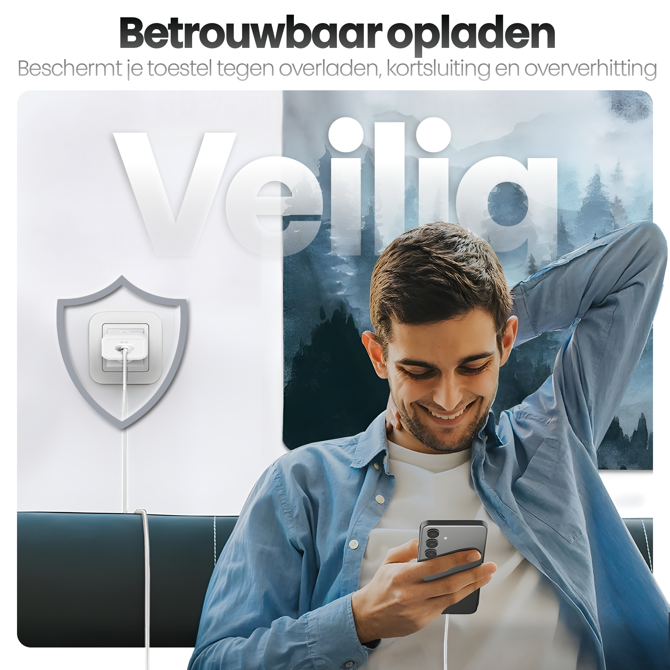 Man met telefoon. Tekst over veilig opladen. Schildafbeelding met stekker.