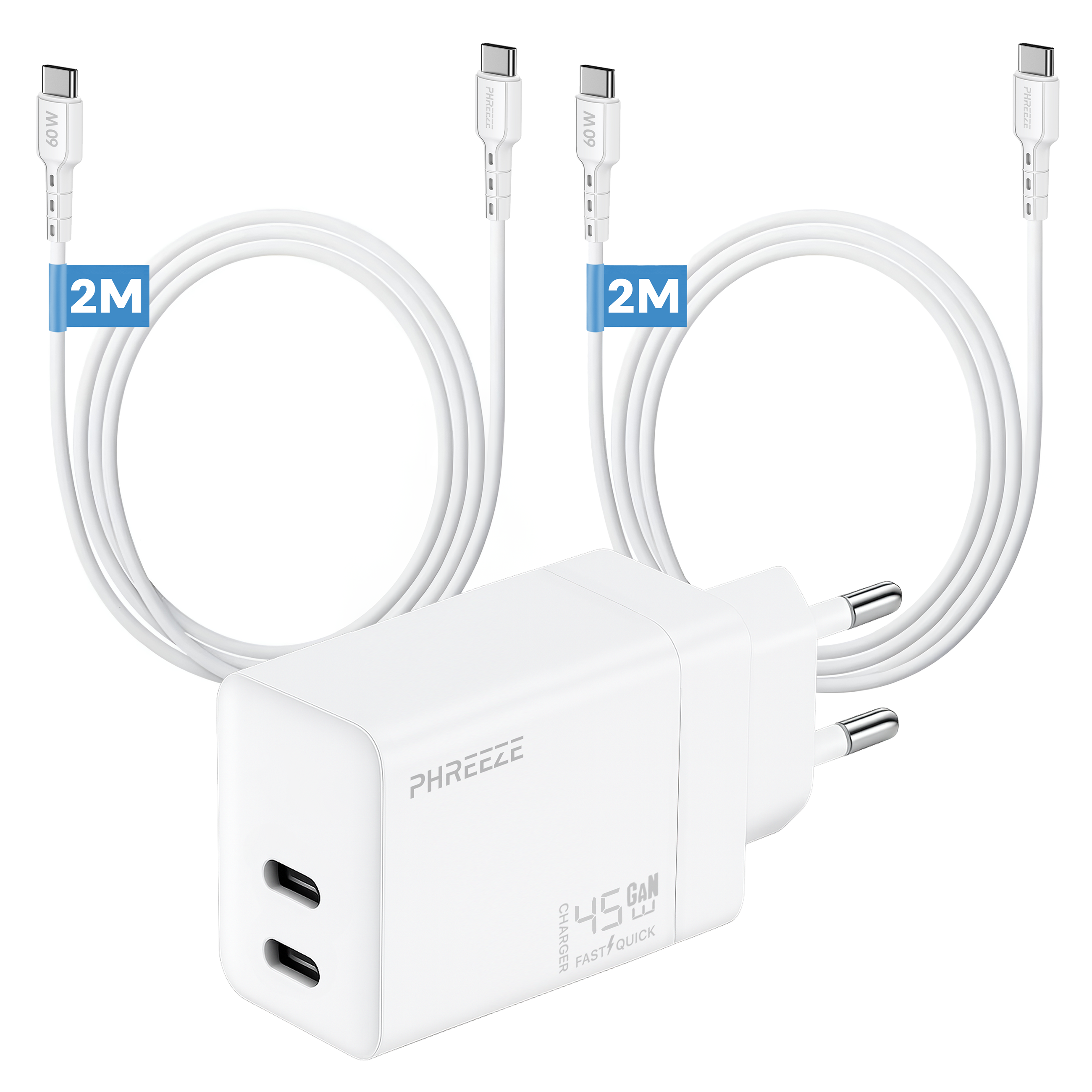 A white charger with two USB-C ports and three white cables. Cables have blue 2M labels and 60W labels. Charger has PHREEZE logo.