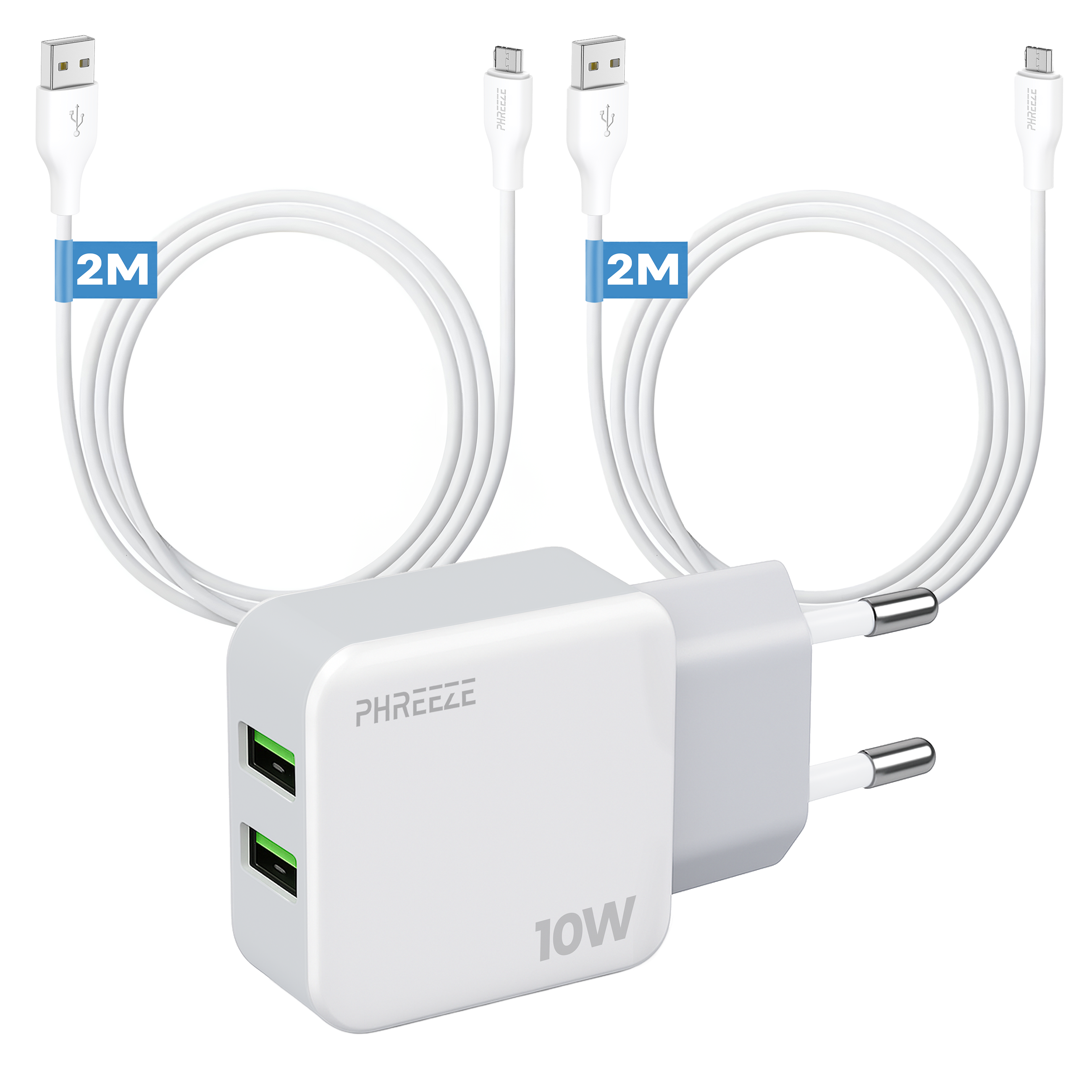 Witte oplader met twee USB-poorten, twee witte kabels, elk met het label '2M'. Oplader heeft 'PHREEZE' en '10W' afgedrukt.