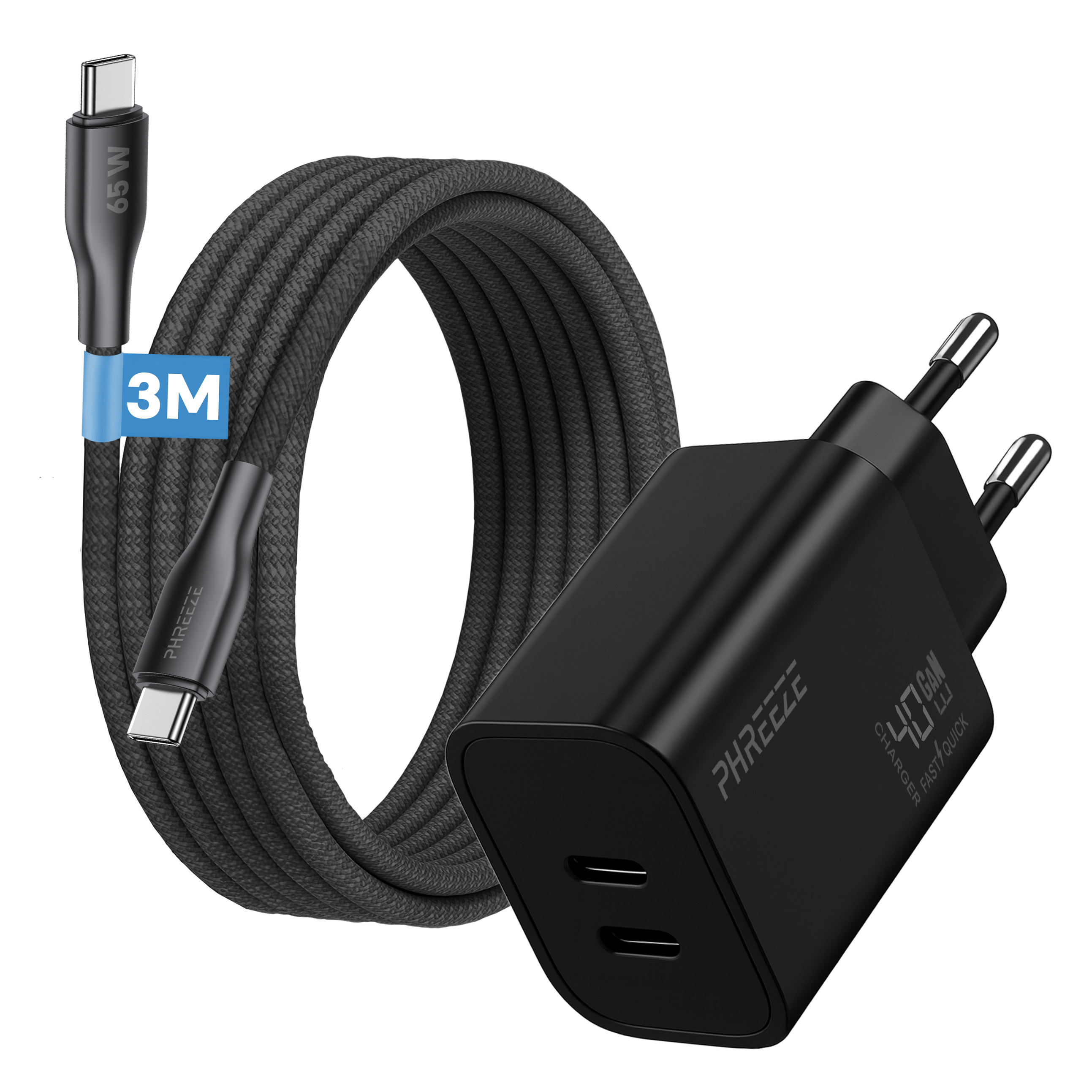 Black charger with cable, 65W, 3M. Charger has two ports. White background.
