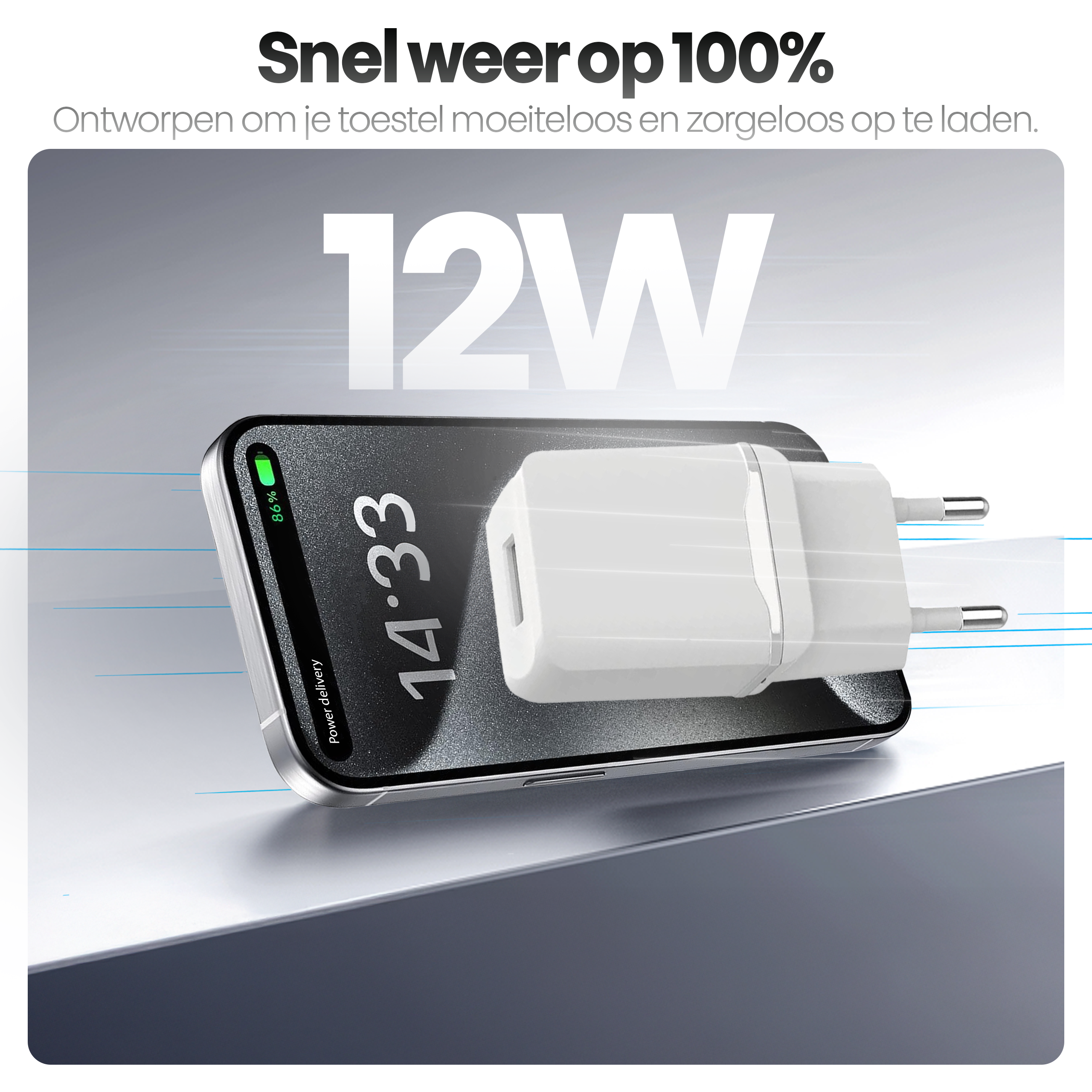 Afbeelding toont een telefoon die oplaadt met een witte oplader. Het scherm geeft de tijd en het batterijpercentage weer.