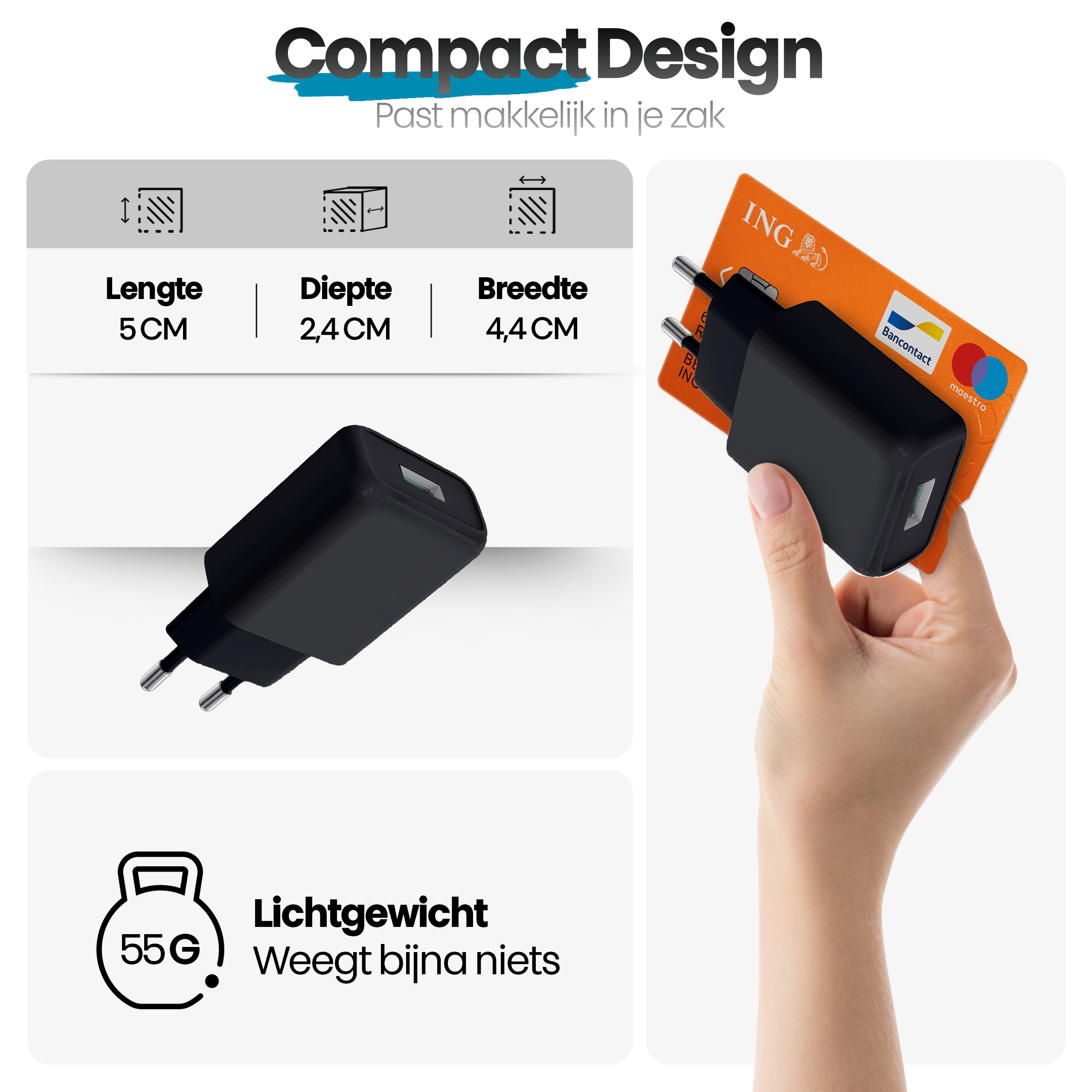 Een hand die een zwarte oplader en een ING-bankkaart vasthoudt. De oplader is klein en compact.