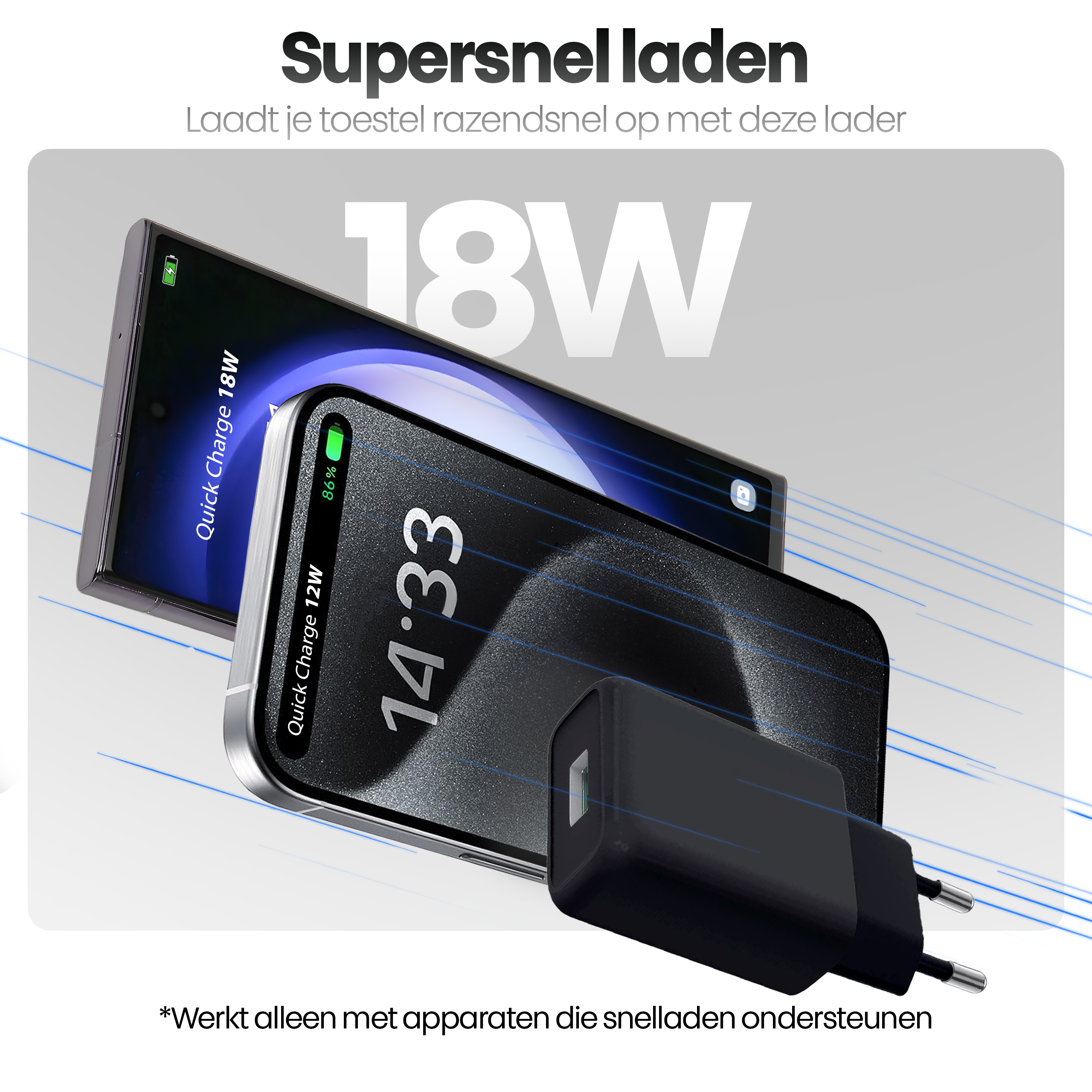 Afbeelding toont twee telefoons die opladen met een zwarte oplader. Scherm toont tijd en percentage.