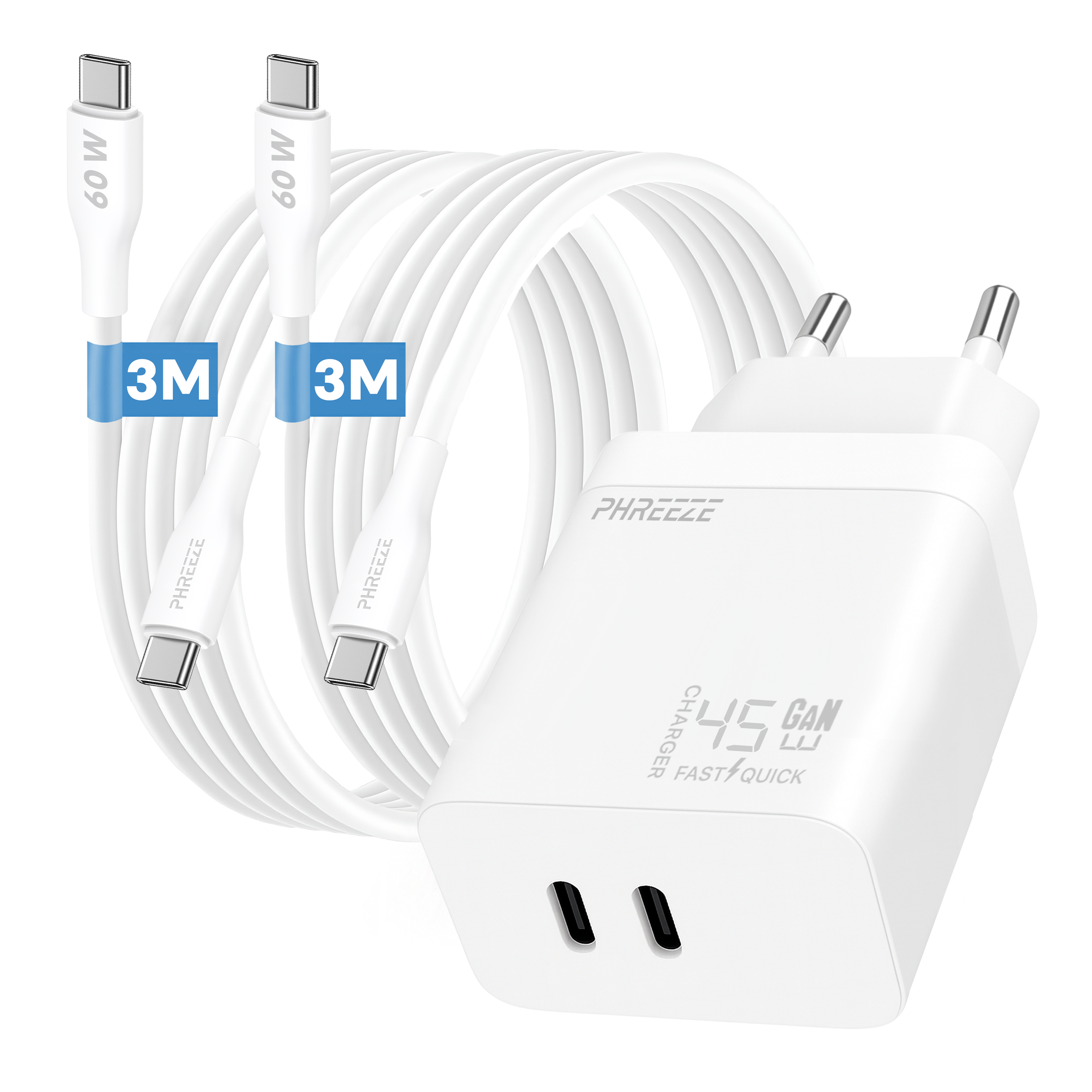 White charger with two cables. Cables have 60W and 3M labels. Charger has 45W and GAN labels.