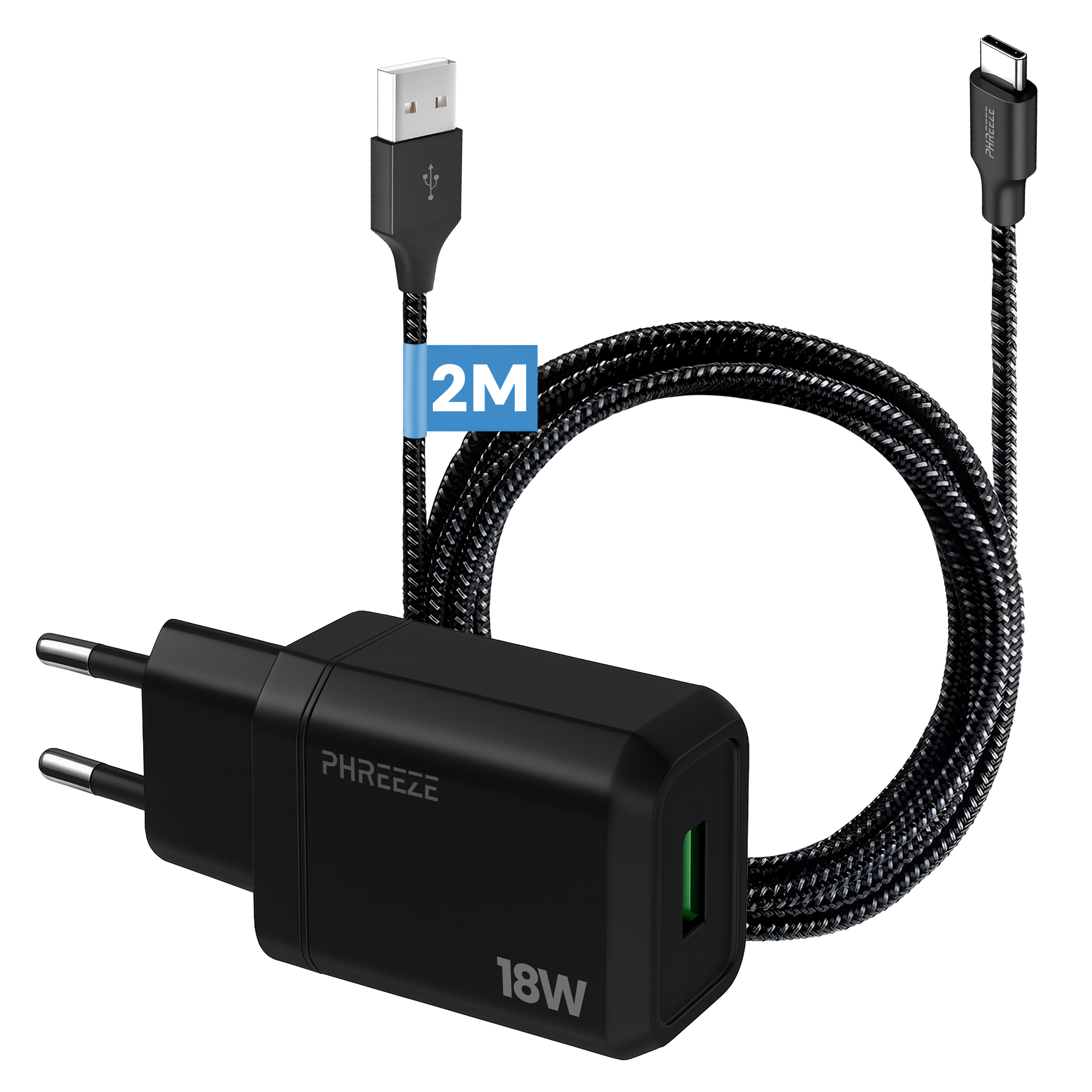 Een zwarte oplader met een USB- en USB-C-kabel. Het is gemarkeerd met 18W en 'PHREEEZE'. De kabel is 2 meter lang.