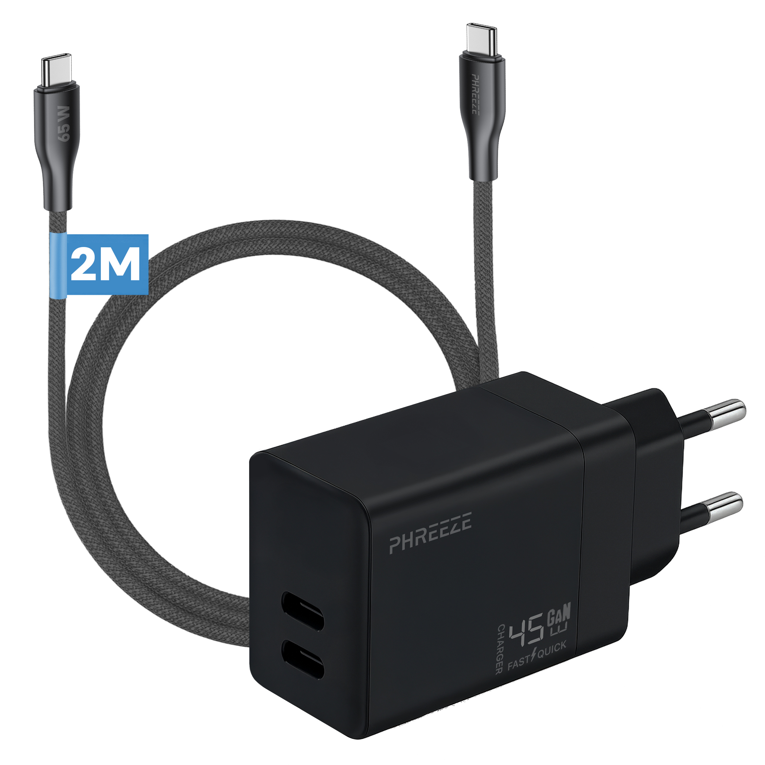 A black charger with two USB-C ports and a plug. A grey cable connects to a USB-C connector. Label shows 45W, Fast/Quick.
