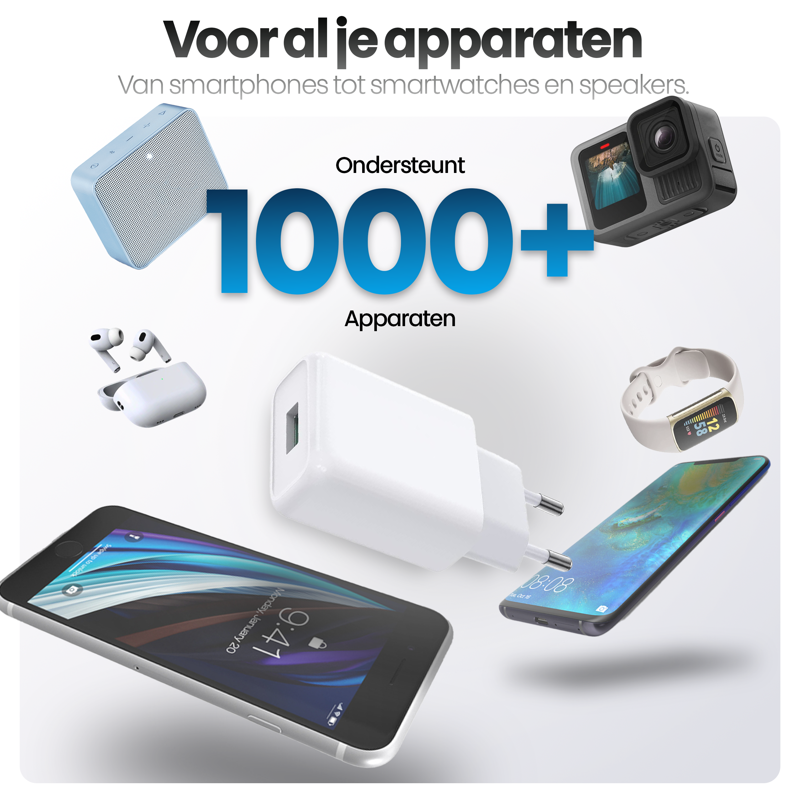 Afbeelding toont verschillende apparaten: luidspreker, camera, oortelefoons, oplader, smartwatch en telefoons, met tekst die ondersteuning voor 1000+ apparaten aangeeft.