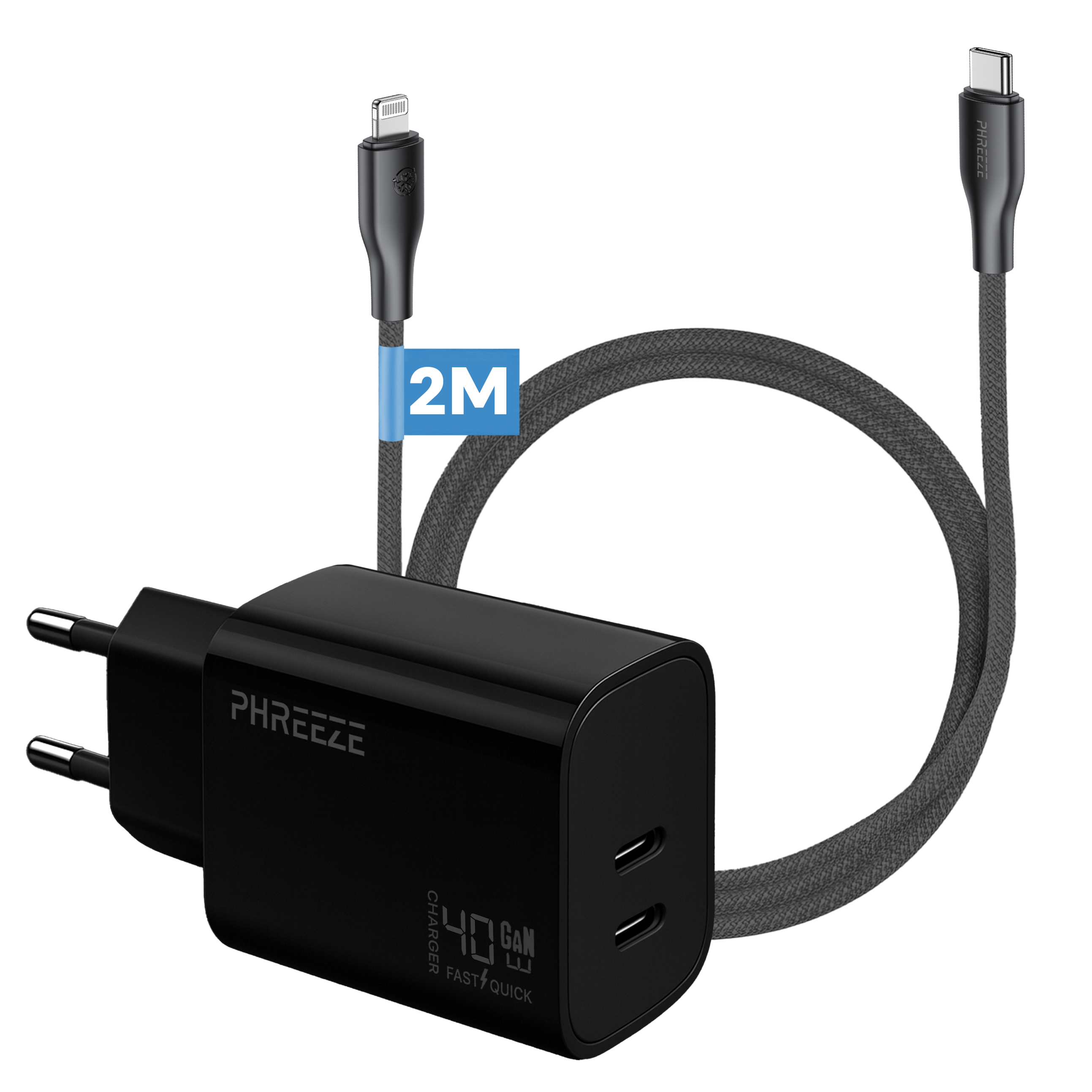 Een zwarte oplader met een USB-C- en Lightning-kabel. Een blauw 2M-label staat op de kabel. De oplader is van het merk PHREEE.