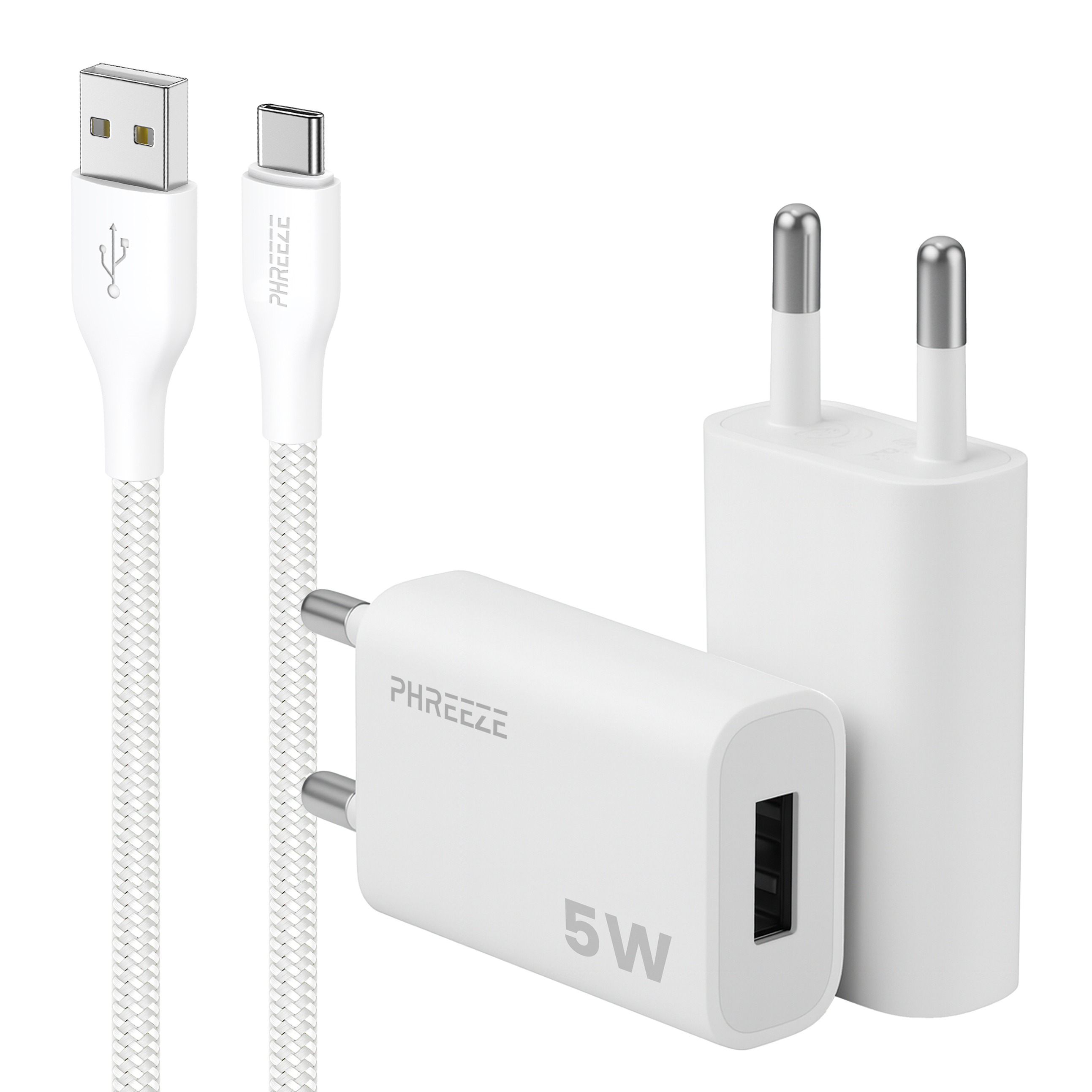 Witte telefoonoplader set met twee kabels en twee oplaadblokken. Kabels hebben een gevlochten textuur. Opladers hebben logo's en classificaties.