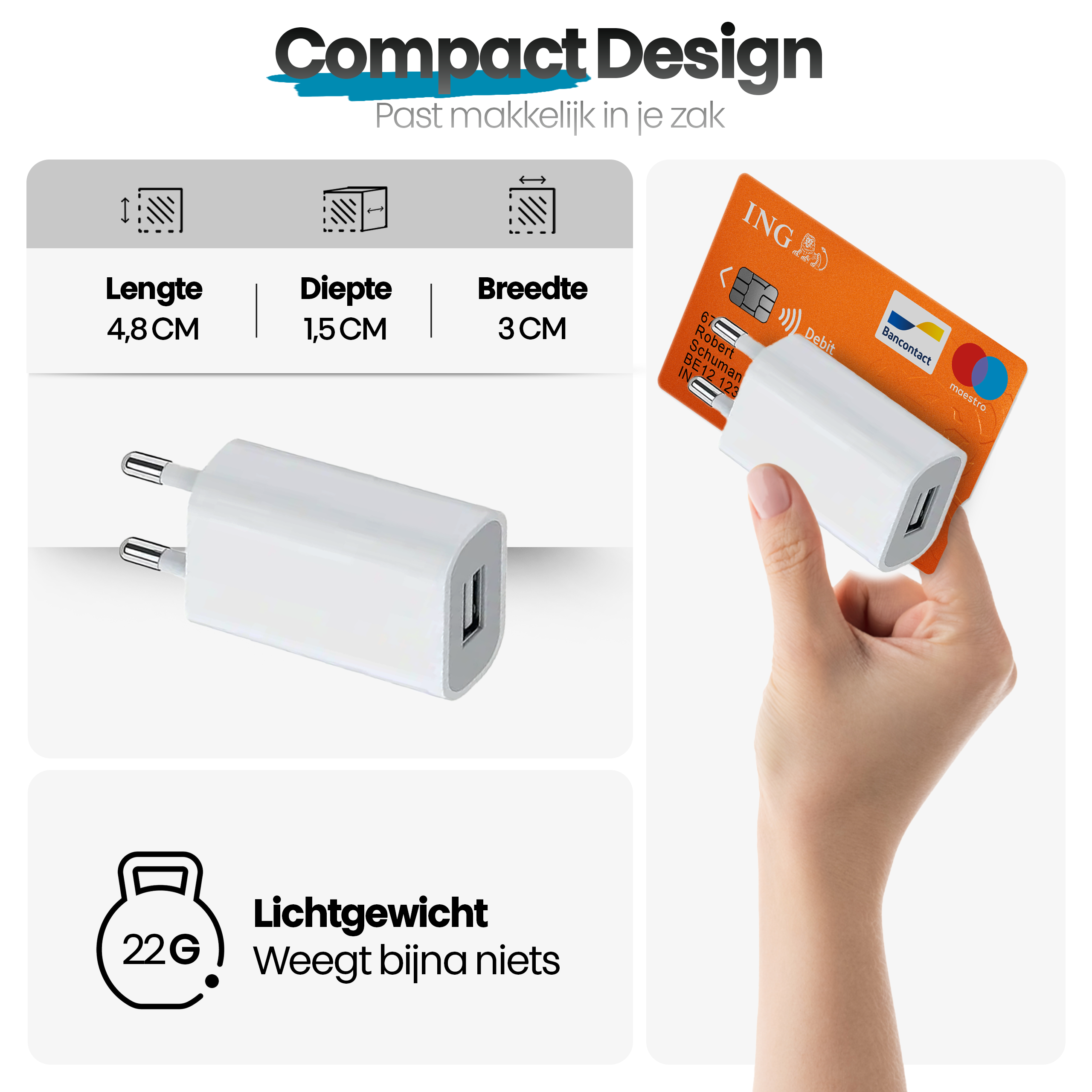 Een witte oplader naast een creditcard die door een hand wordt vastgehouden. Afmetingen en gewicht worden ook weergegeven.