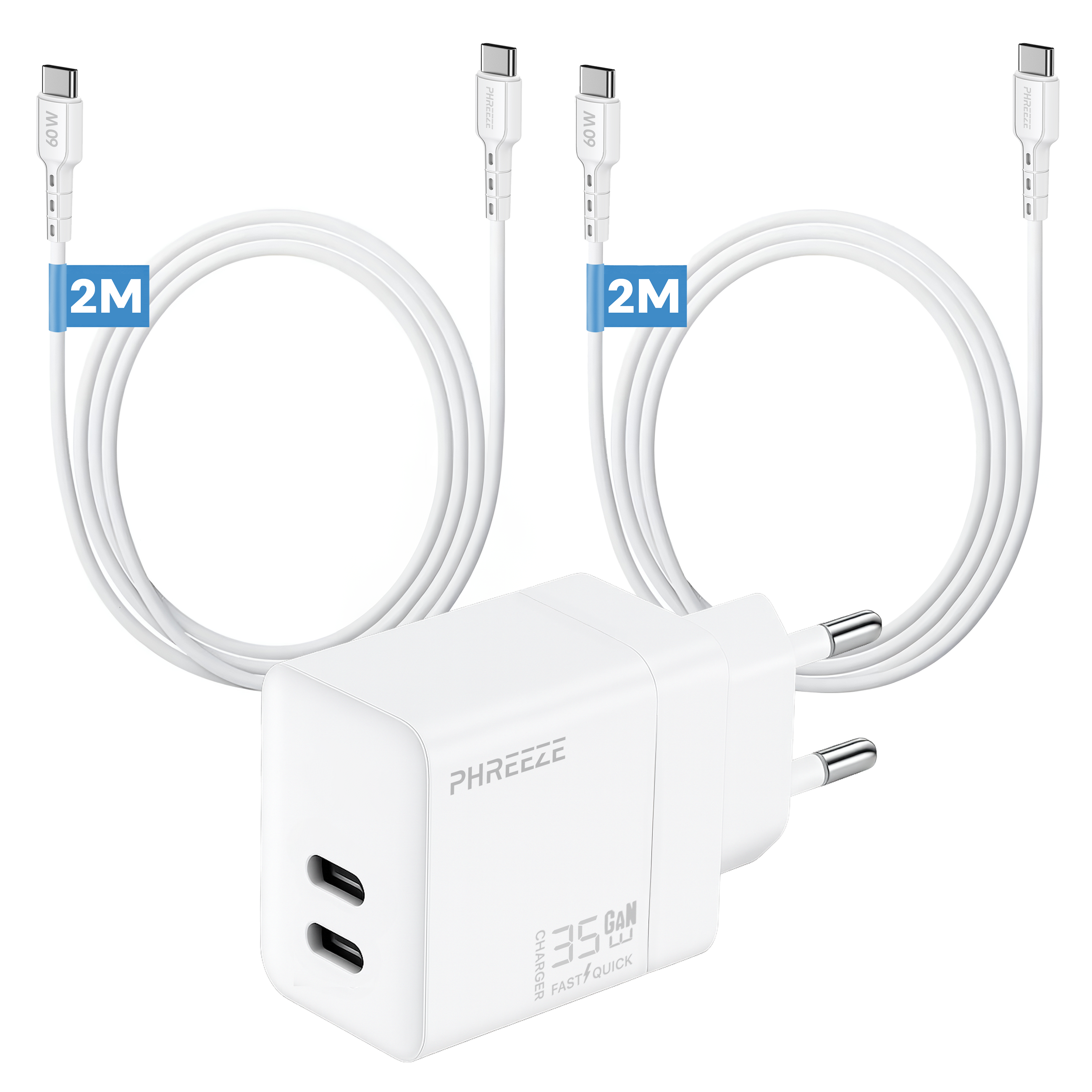 A white charger with two USB-C ports, two white cables and a power plug. The cables are labeled 2M and 60W.