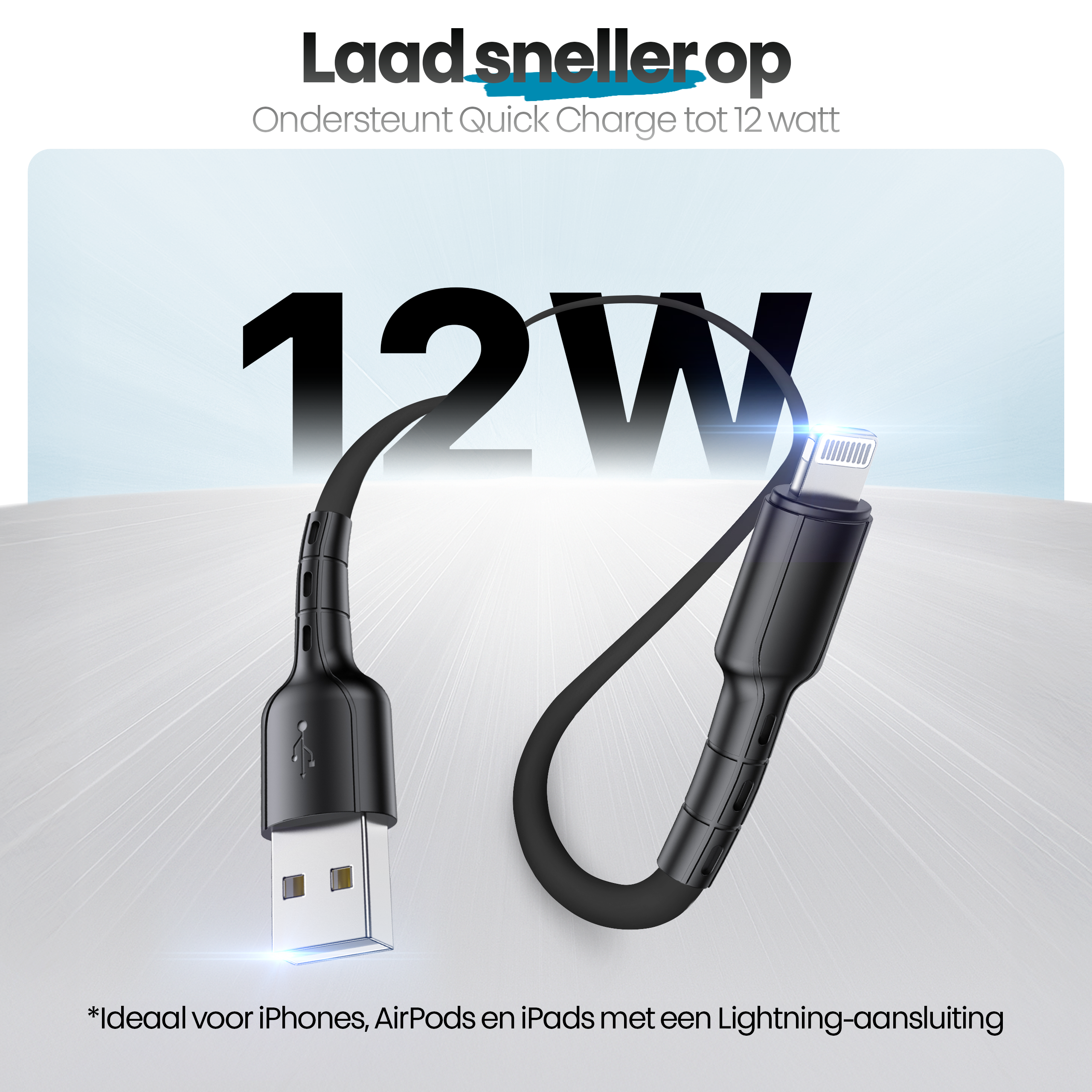 Zwarte oplaadkabel met USB- en Lightning-connectoren. Tekst: '12W'. Ideaal voor iPhones en iPads.