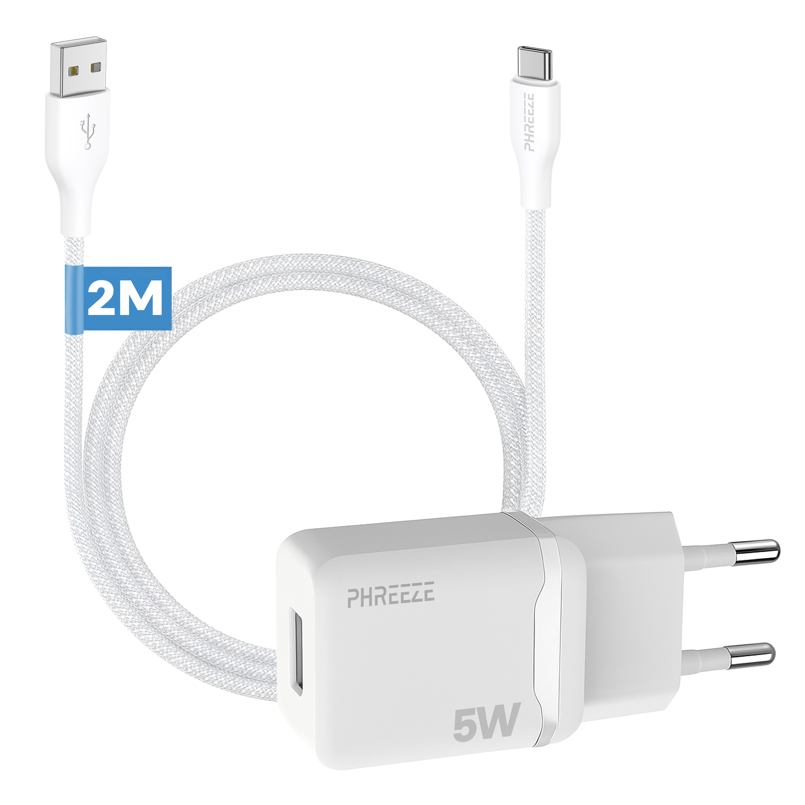 White charger with USB and USB-C cables, a 2M label, and the brand name PHREEEZE.