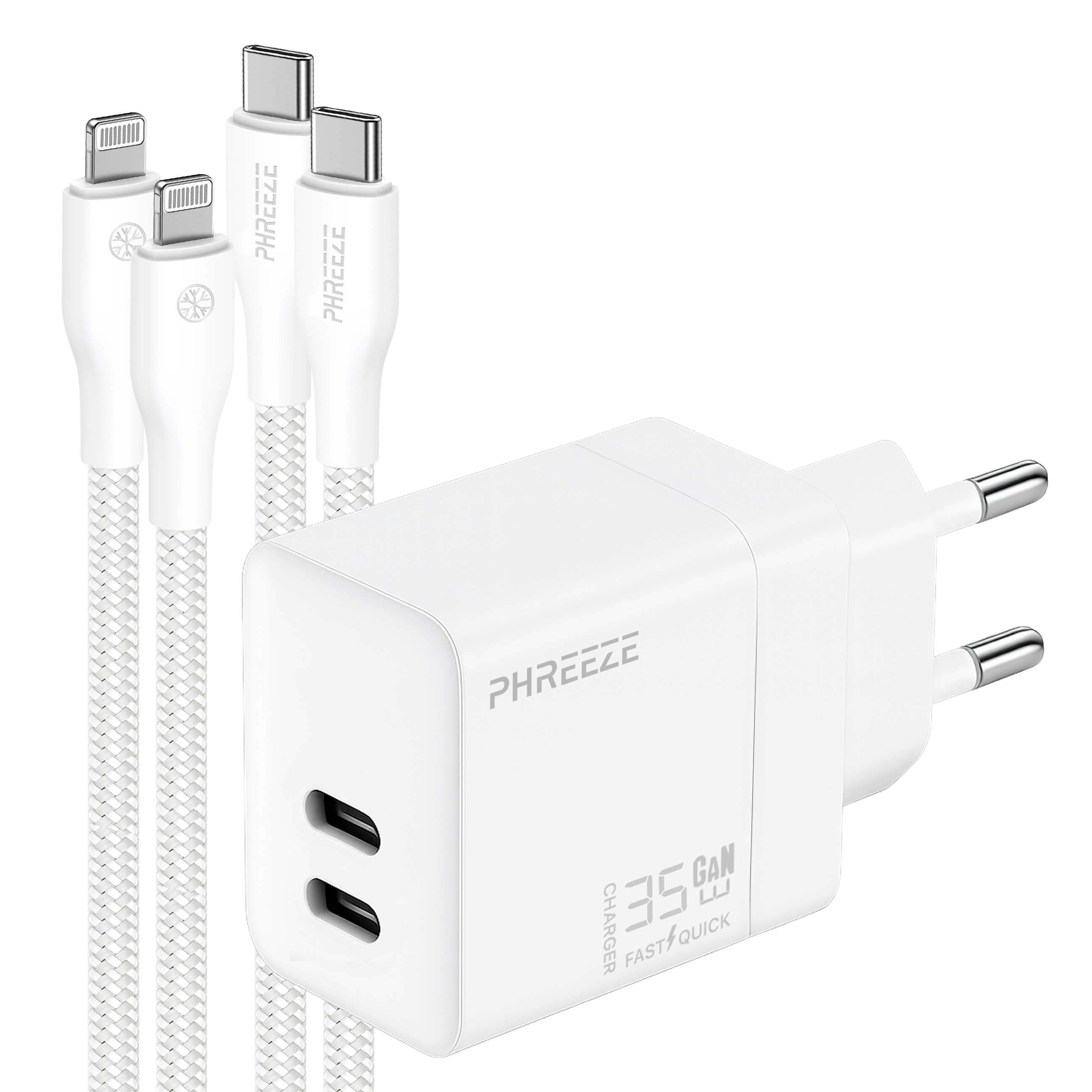 Witte oplader met twee USB-poorten, met kabels. De kabels hebben verschillende connectoren. De oplader is van het merk PHREEE.