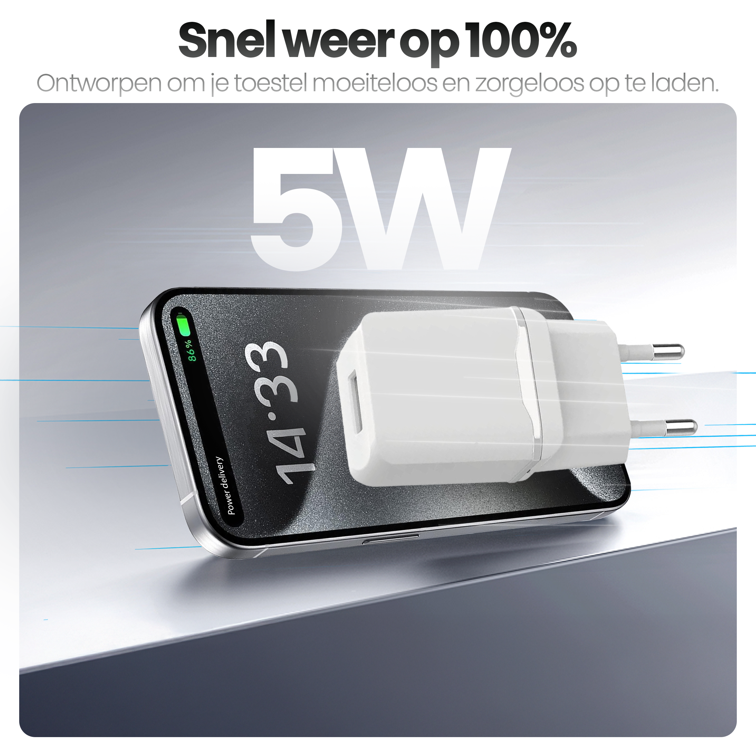 Een telefoon die oplaadt met een witte adapter. De telefoon toont 14:33 en 86% lading. De tekst zegt 'Snel weer op 100%'