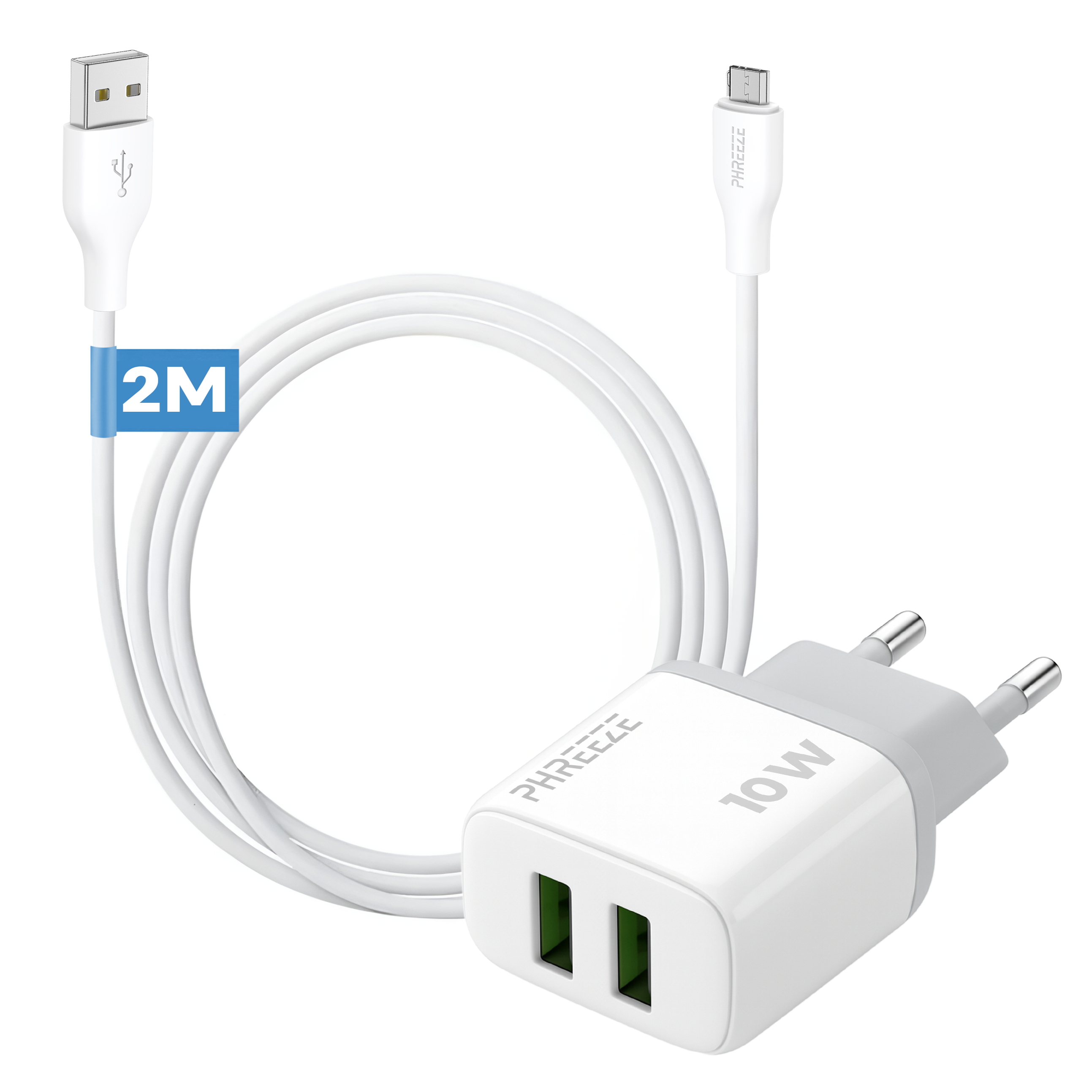 Een witte telefoonlader met USB en type-C connector, 2M kabel, en een 10W adapter met twee poorten.