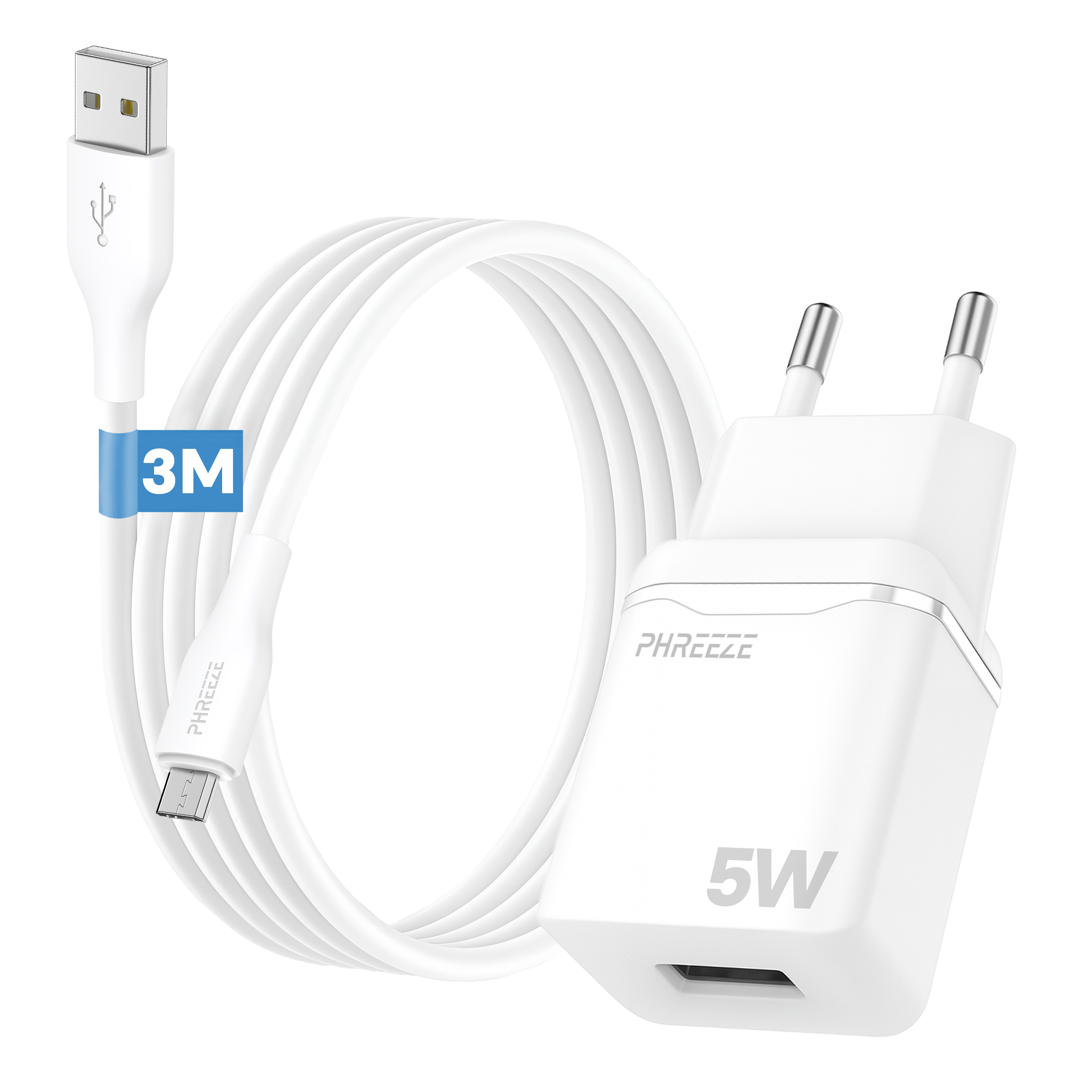 Een witte oplader en kabel. De kabel heeft een USB- en micro-USB-connector. De oplader leest 5W en de kabel leest 3M.