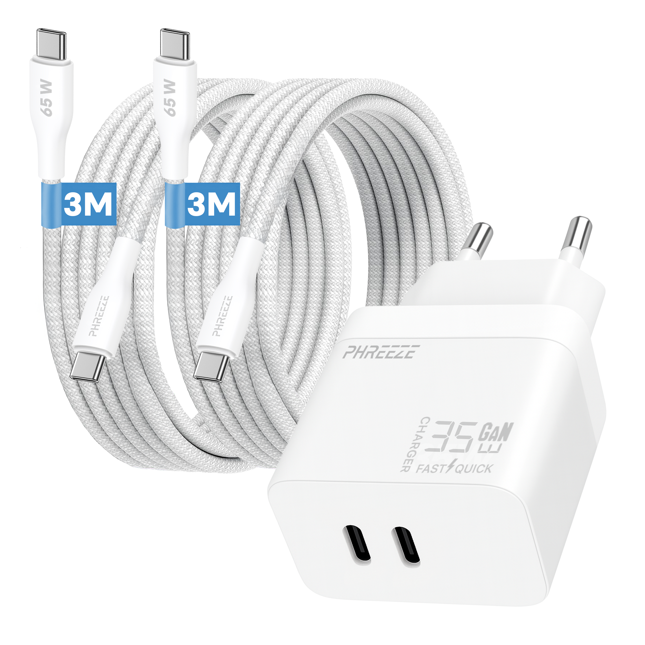 White charger with two cables and a power adapter. Cables are 3M long. White charger has two USB ports.