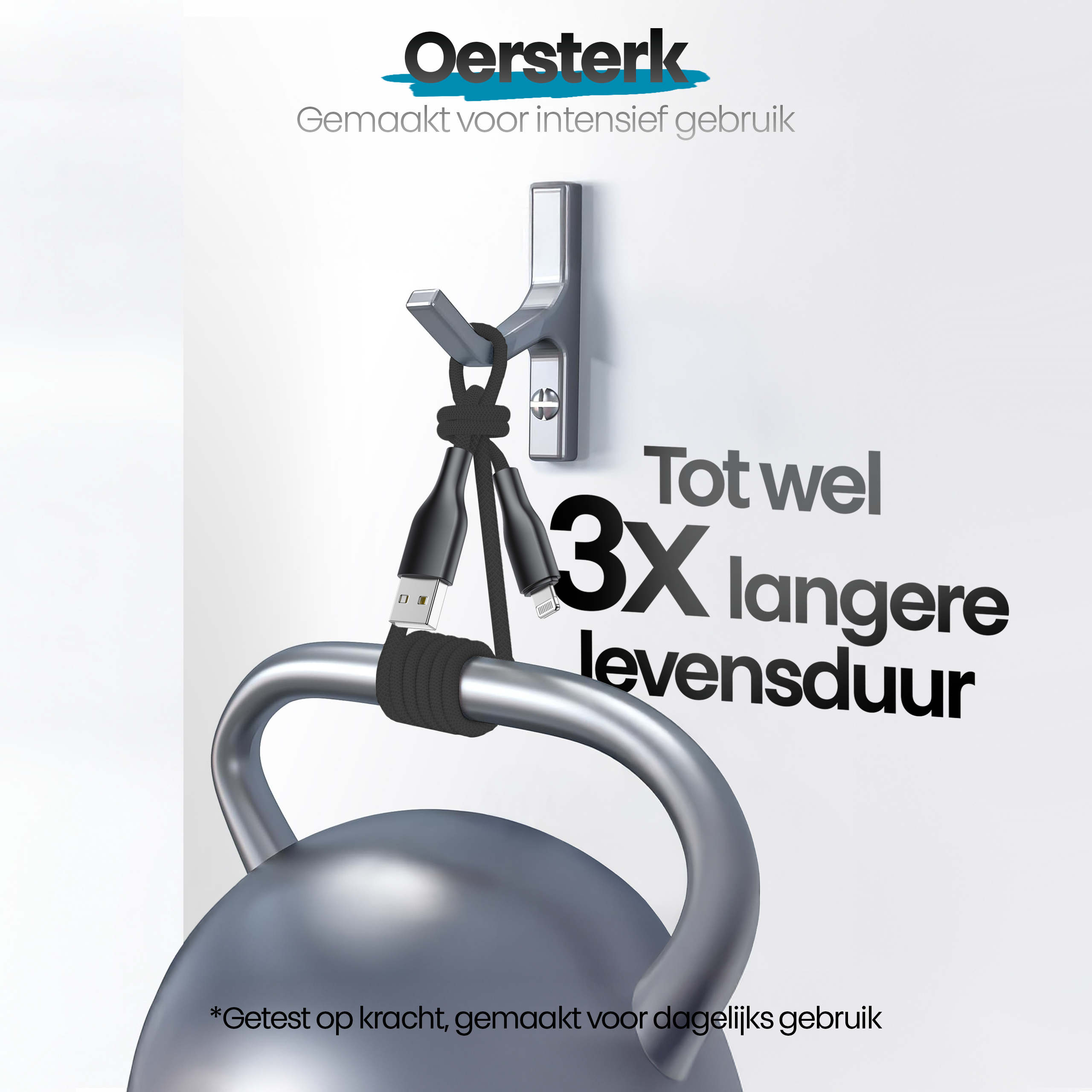 Een metalen kettlebell met kabels die aan een haak hangen. Tekst: '3X langere levensduur'.
