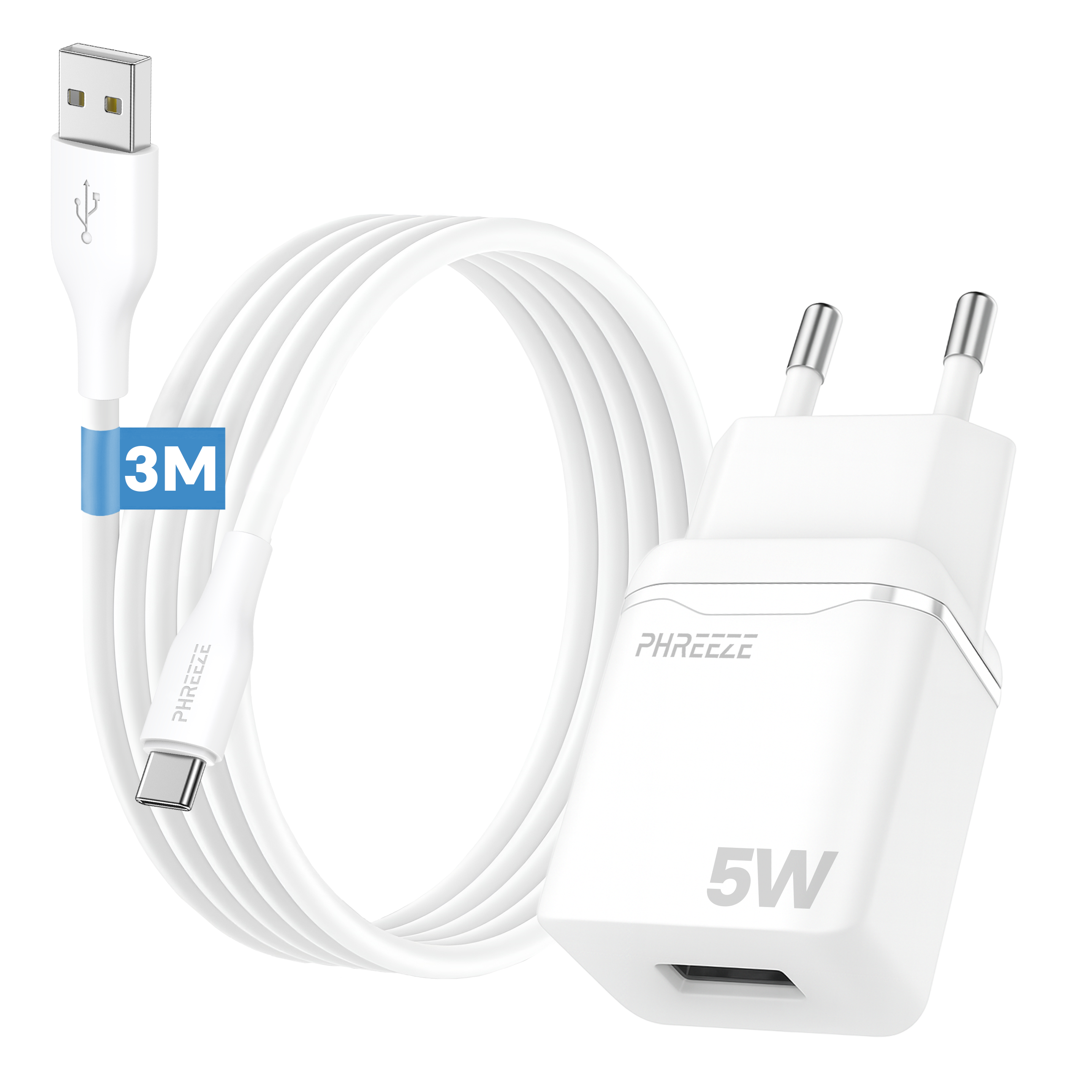 Een witte telefoonlader met een USB-kabel en een stekker. De oplader is gemarkeerd met 5W. De kabel heeft een 3M label.