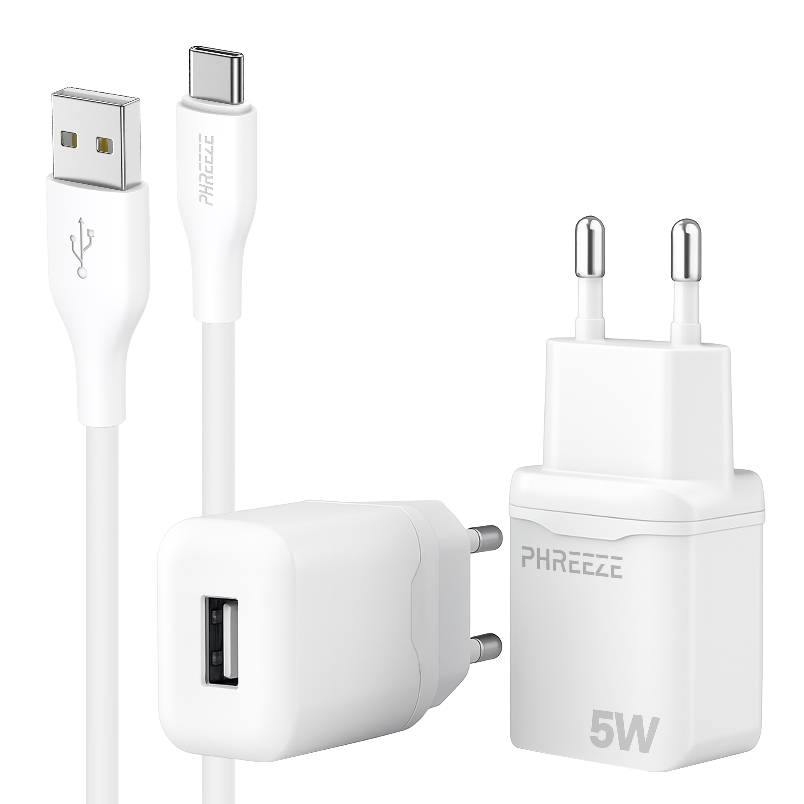 Witte USB-oplader en kabels. Inclusief een USB-A naar USB-C kabel en twee opladers met het merk PHREEZE.