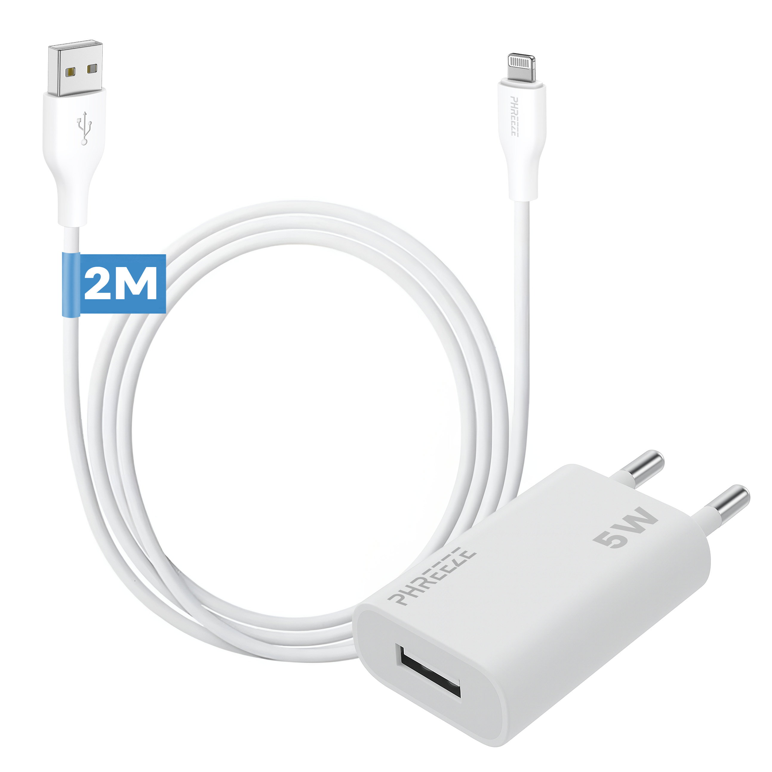 Witte oplader met USB- en Lightning-connectoren. 2M kabel. Oplader heeft een 5W output en een USB-poort.