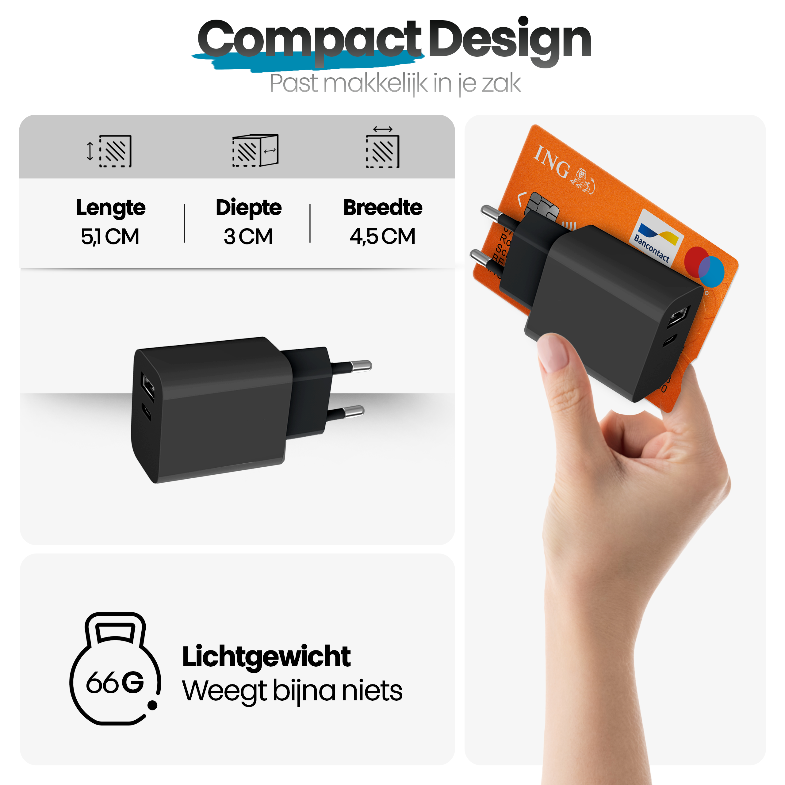 Een hand houdt een zwarte oplader vast naast een oranje ING creditcard. De oplader is klein en heeft een stekker.
