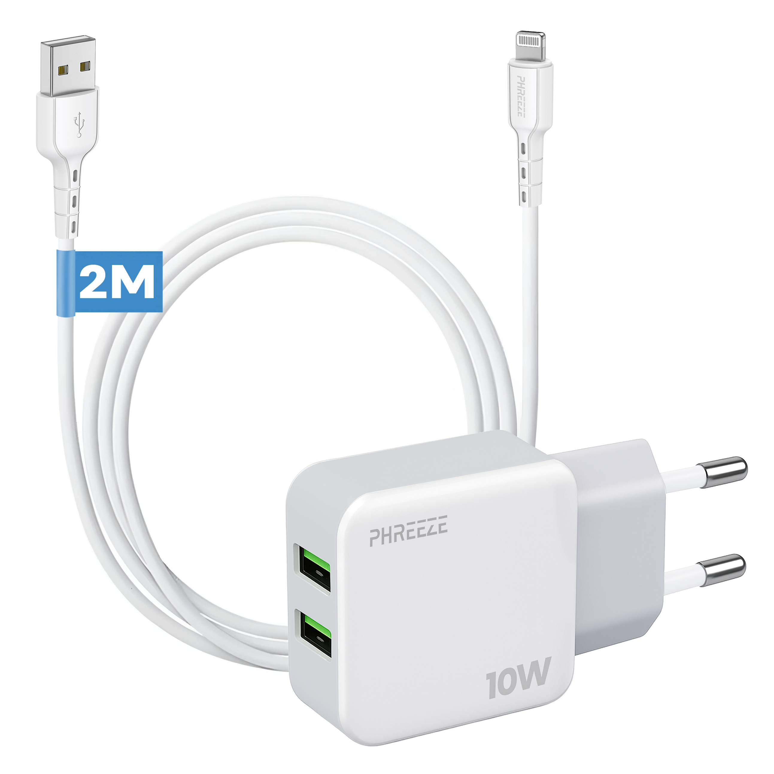 Een witte oplader met twee USB-poorten, een witte kabel en een USB- en Lightning-connector.
