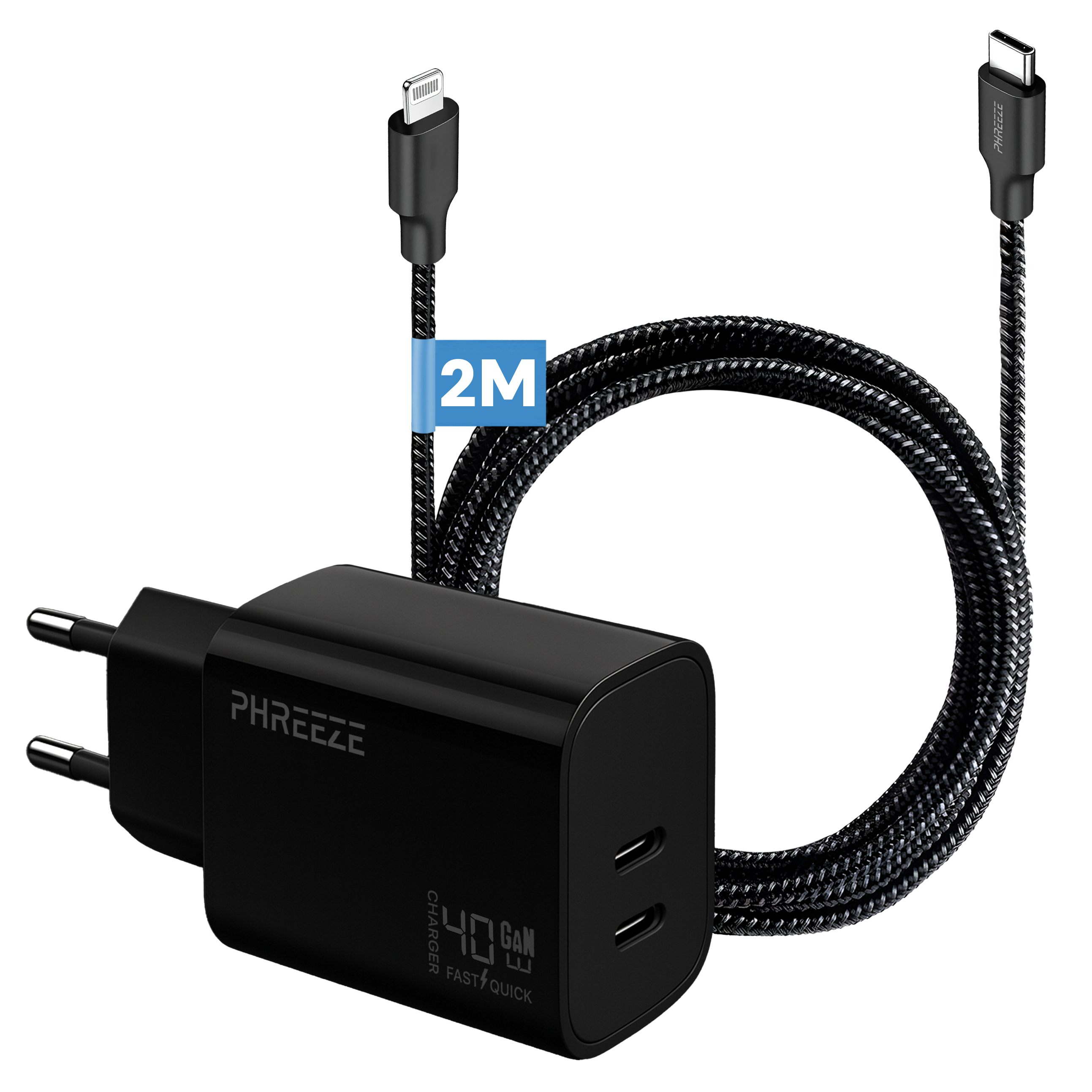 Zwarte Phreeze-oplader met 2 kabels. Eén is Lightning, de andere is USB-C. De oplader geeft 40W weer en is gelabeld 'Fast Quick'.