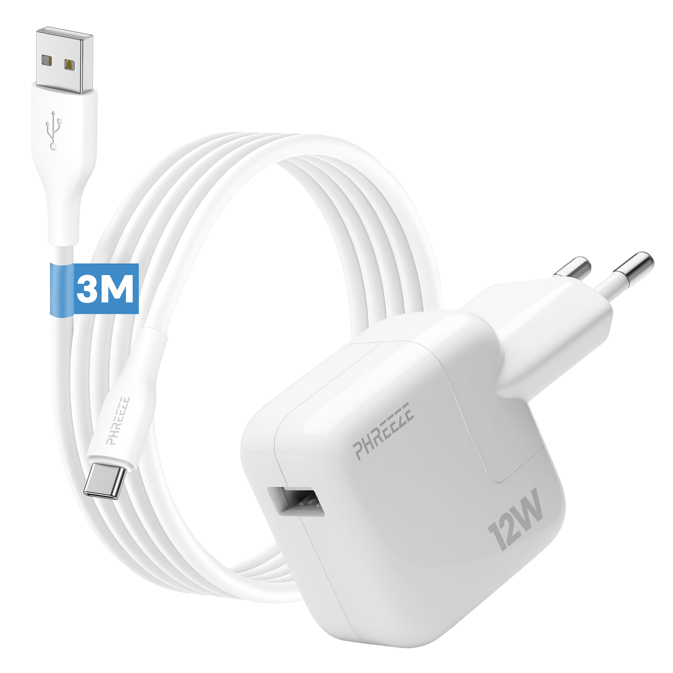 Een witte oplader met een USB-kabel. De kabel heeft een blauw 3M-label. De oplader is gemarkeerd met 12W.