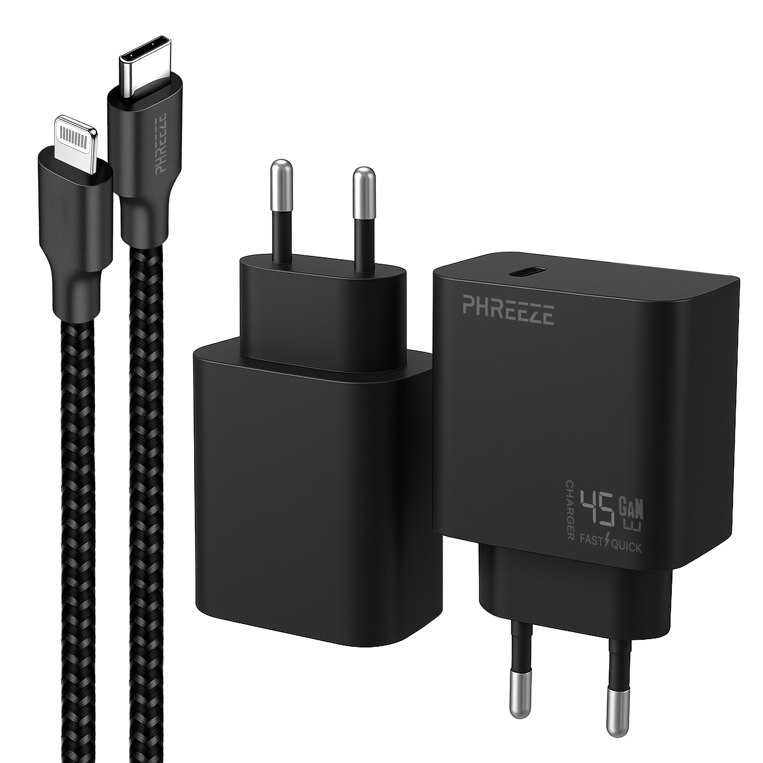Zwarte opladers met stekkers en USB-kabels. Eén oplader heeft een digitaal display. Witte achtergrond.