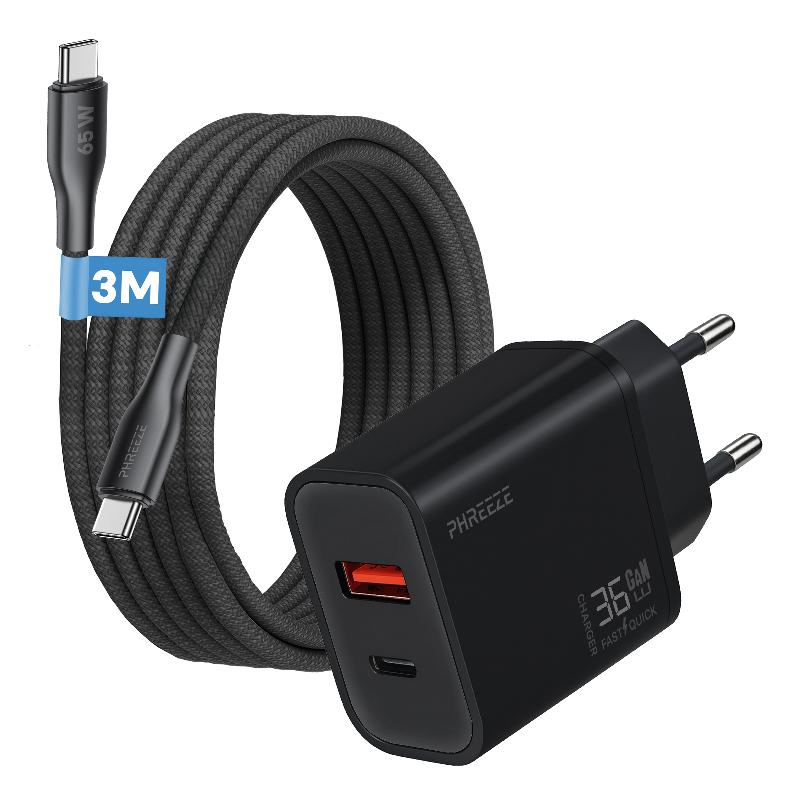 A black charger with a USB-C cable. The cable is gray and 3 meters long. The charger is labeled PHREEZE and 36W.