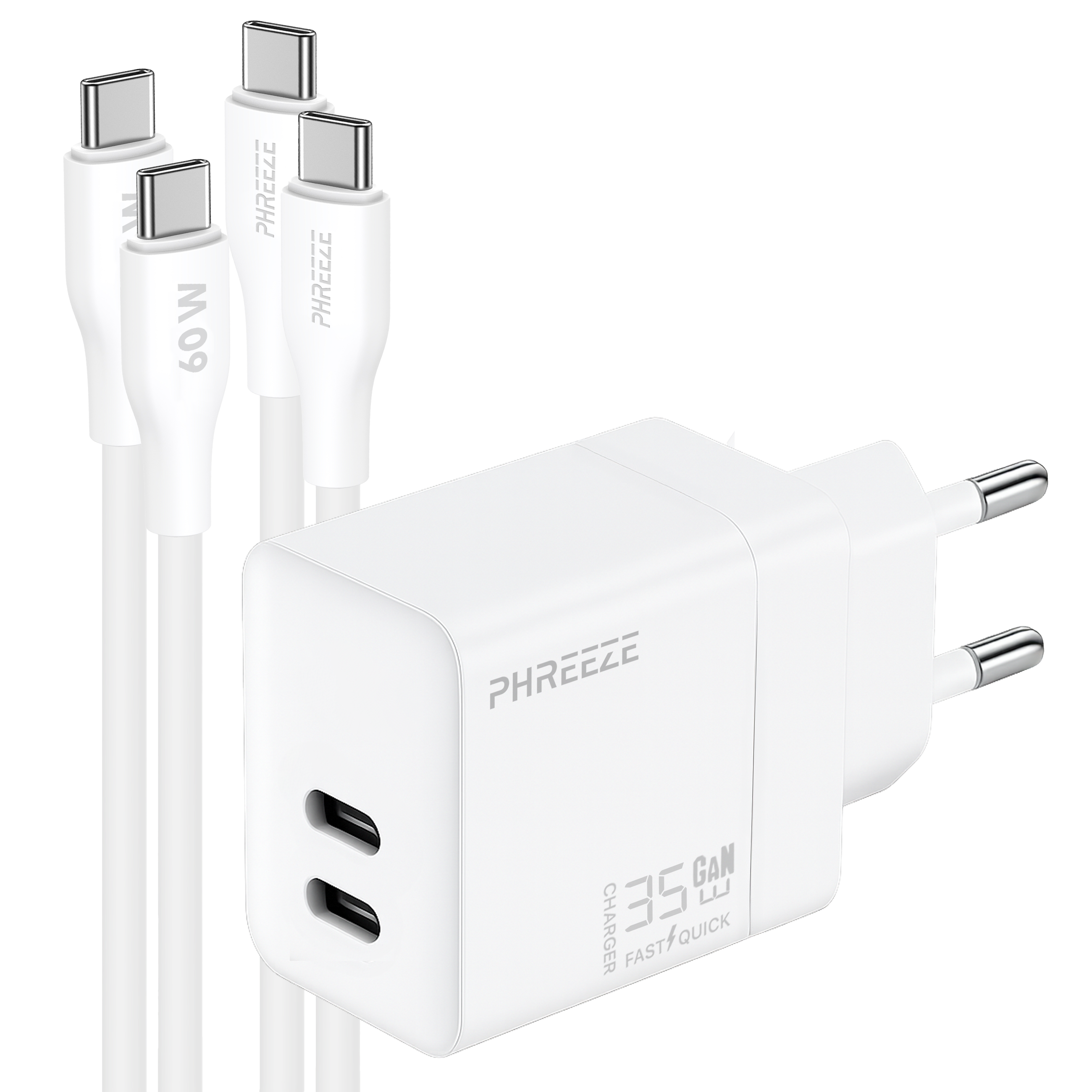 A white charger with two USB-C ports and three white USB-C cables. The charger has the brand name 'PHREEEZE'.