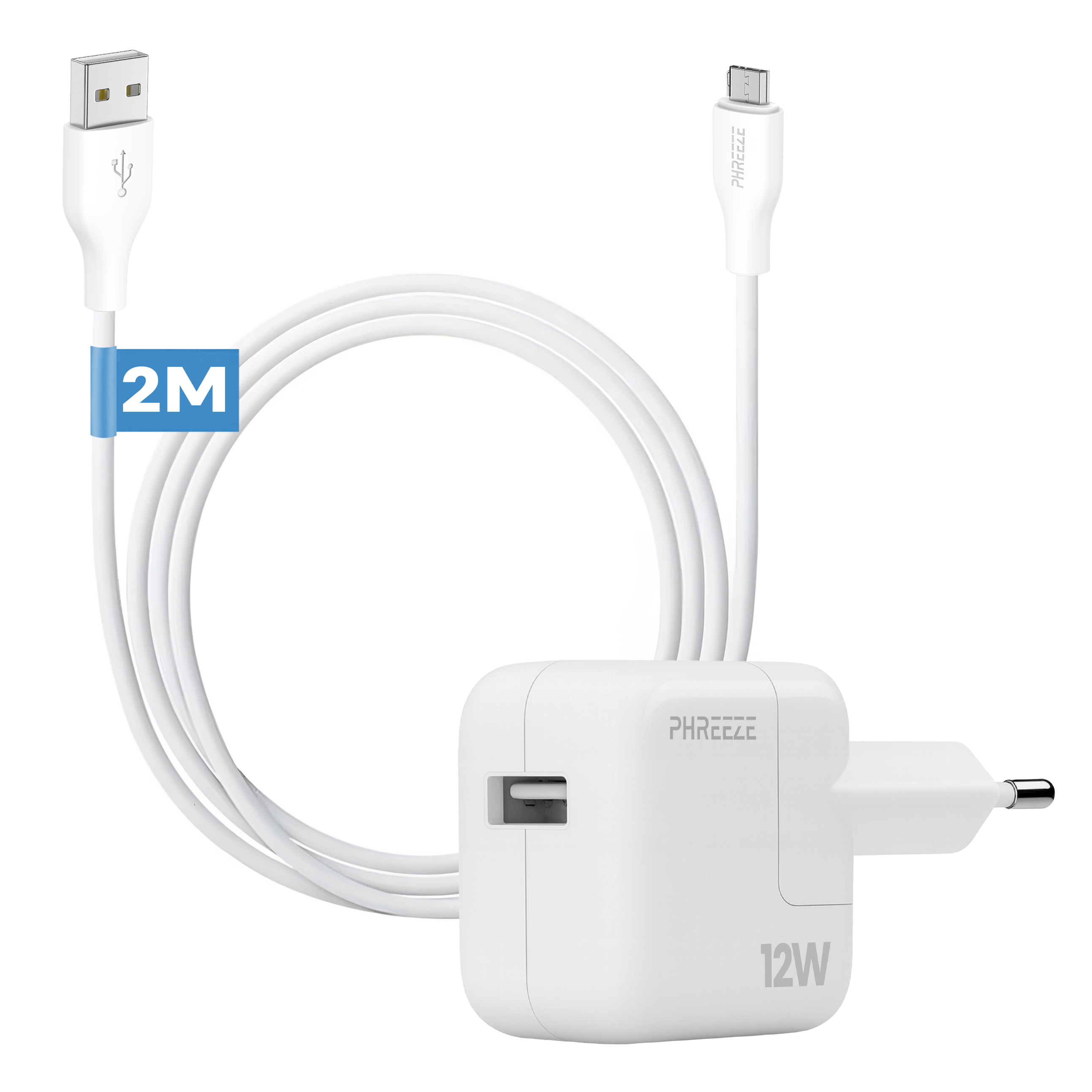 Witte oplader met USB- en Type-C-kabels. De oplader is 12W, met een kabel van 2M. De merknaam is PHREEZE.