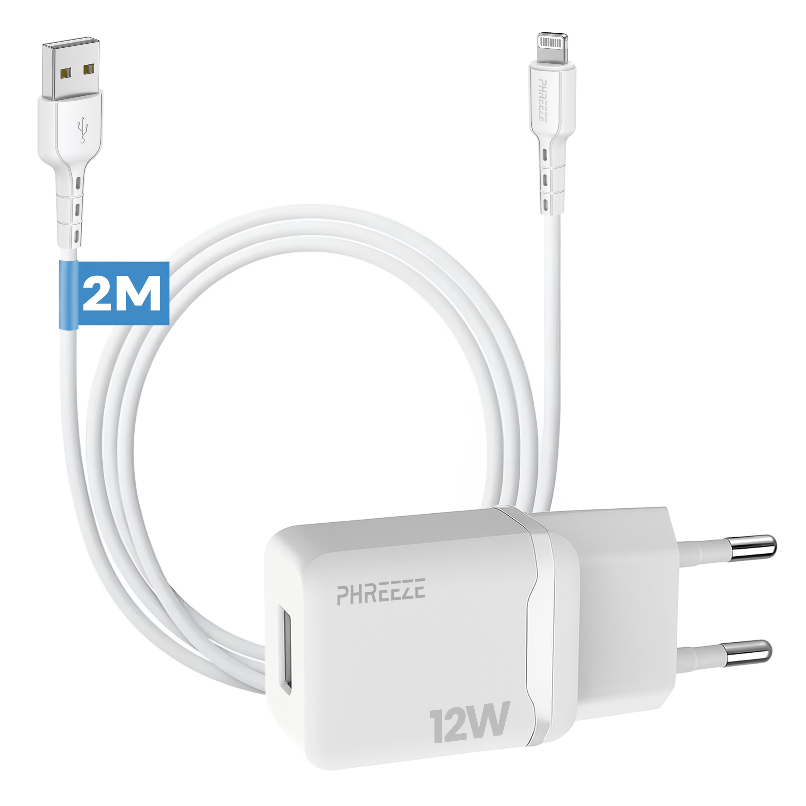 Witte oplader en kabels set. De kabel heeft een USB- en Lightning-connector. De oplader is gemarkeerd met "PHREEZE" en "12W".