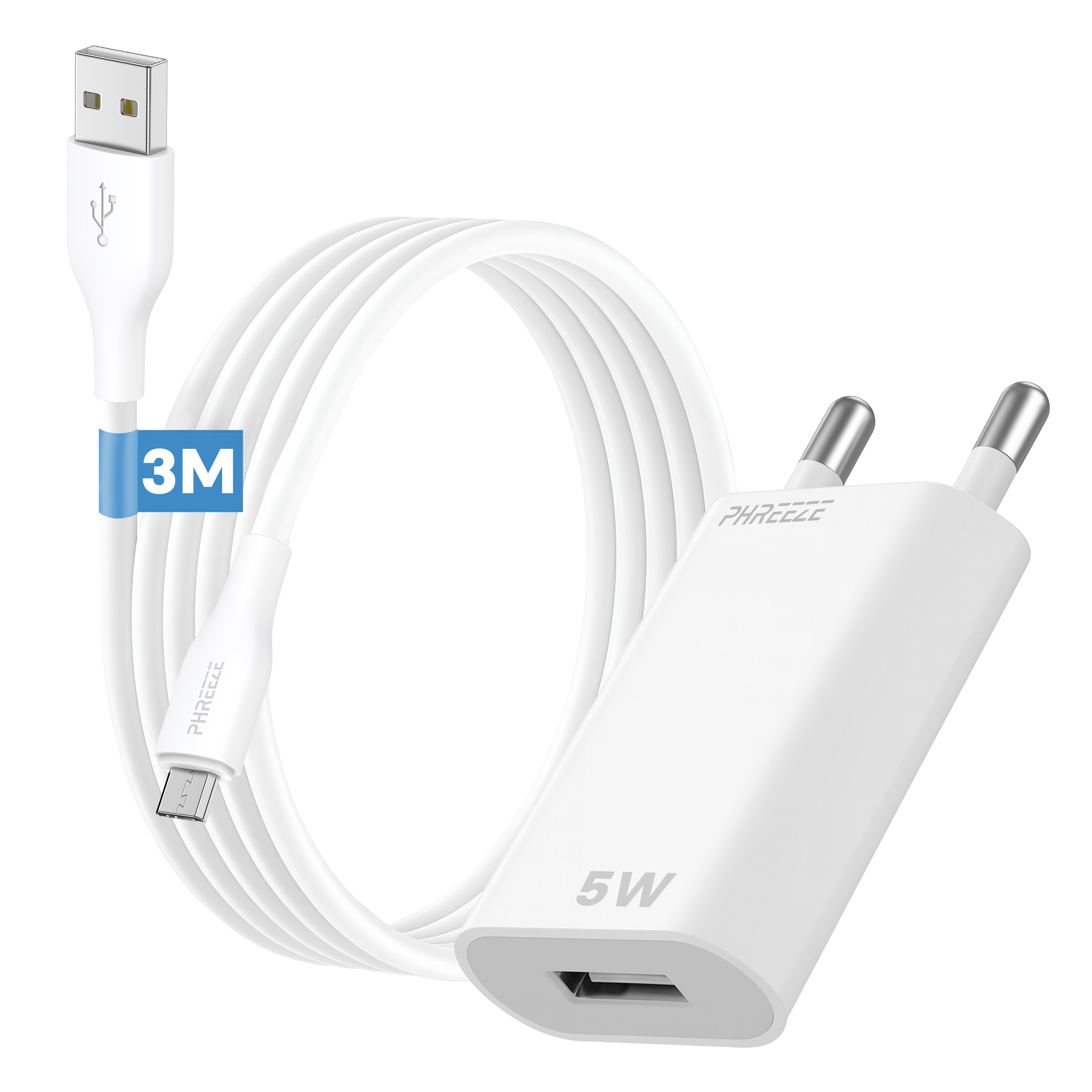 Witte oplader met USB- en micro-USB-connectoren. De kabel is opgerold. Een blauw label zegt '3M'.